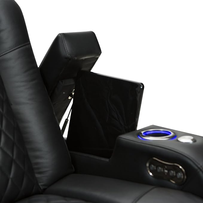 Seatcraft Anthem Home Theater Seating - Italian Leather - Power Recline Loveseat - Center Storage Console - Powered Headrests - Arm Storage - USB Charging - Cup Holders, Black