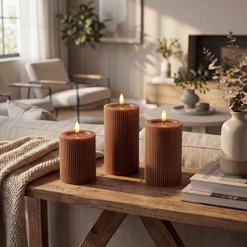 West Ivory Fluted Ribbed LED Pillar Candles, Brown, with Reflective Melted-Wax Effect – Flickering Flame, Remote, Dimmabl...