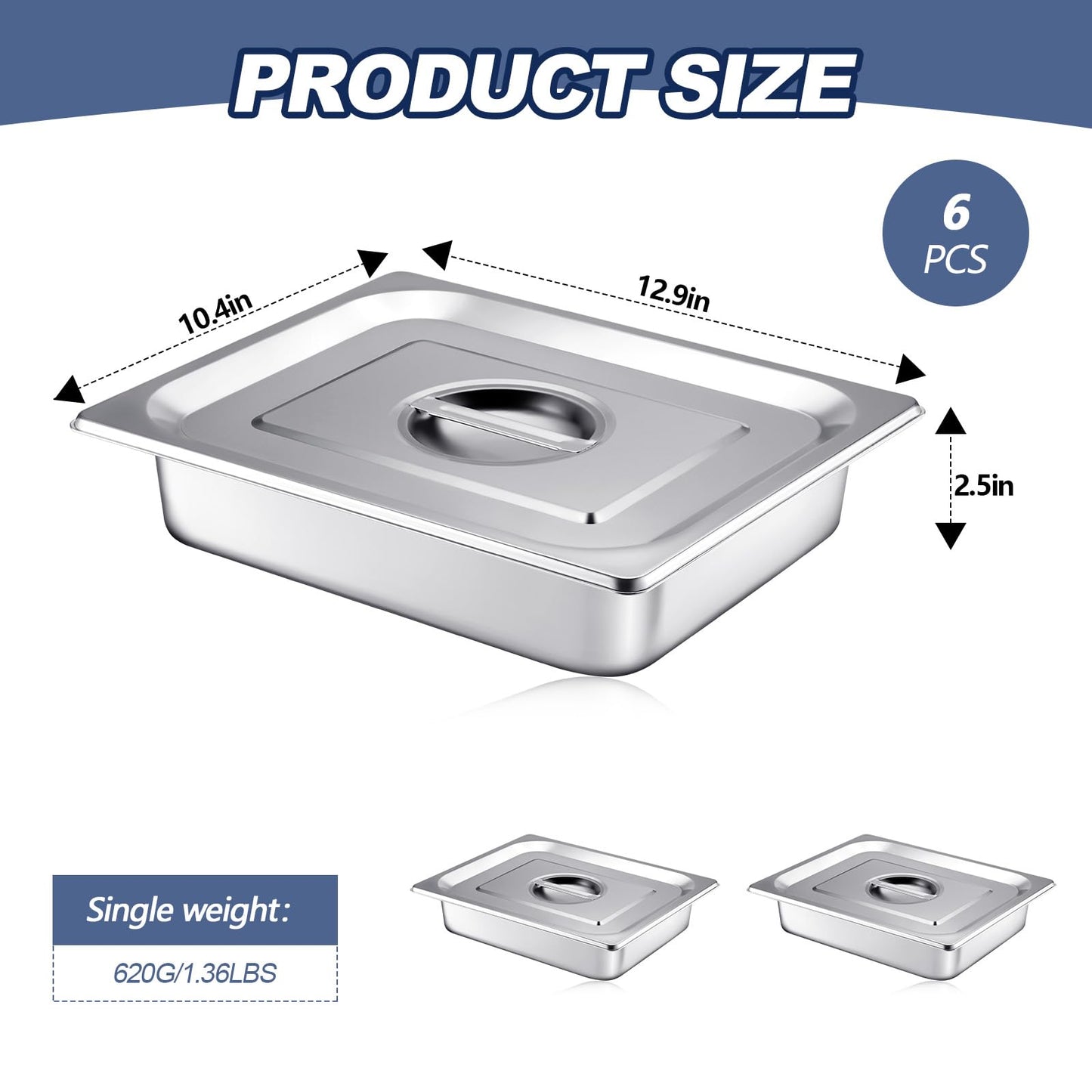 Mifoci Stainless Steam Hotel Pan with Lid, 2-1/2 Inch Deep Steam Table Pan Restaurant Supplies Reusable Anti Rust Catering Storage for Home, Party, Restaurant, Hotel, Buffet(6 Sets,1/2 Size)