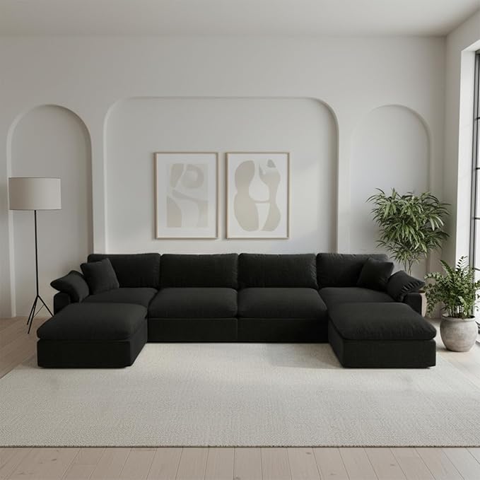 Forest aesthetics Modern Modular Sectional Sofa U-Shaped 6-Seat with Ottoman,Black-Extra Comfty Deep Seat Couch for Living Room,Apartment,Office & Small Spaces