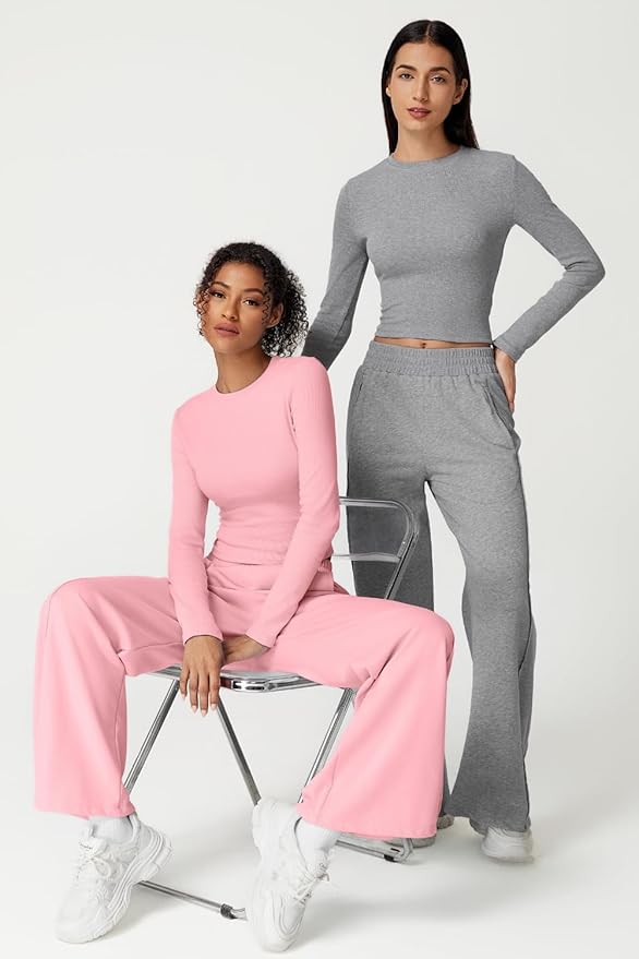 QINSEN Womens 2 Piece Sets Long Sleeve Slim Fit Crop Tops Wide Leg Pants Matching Lounge Set