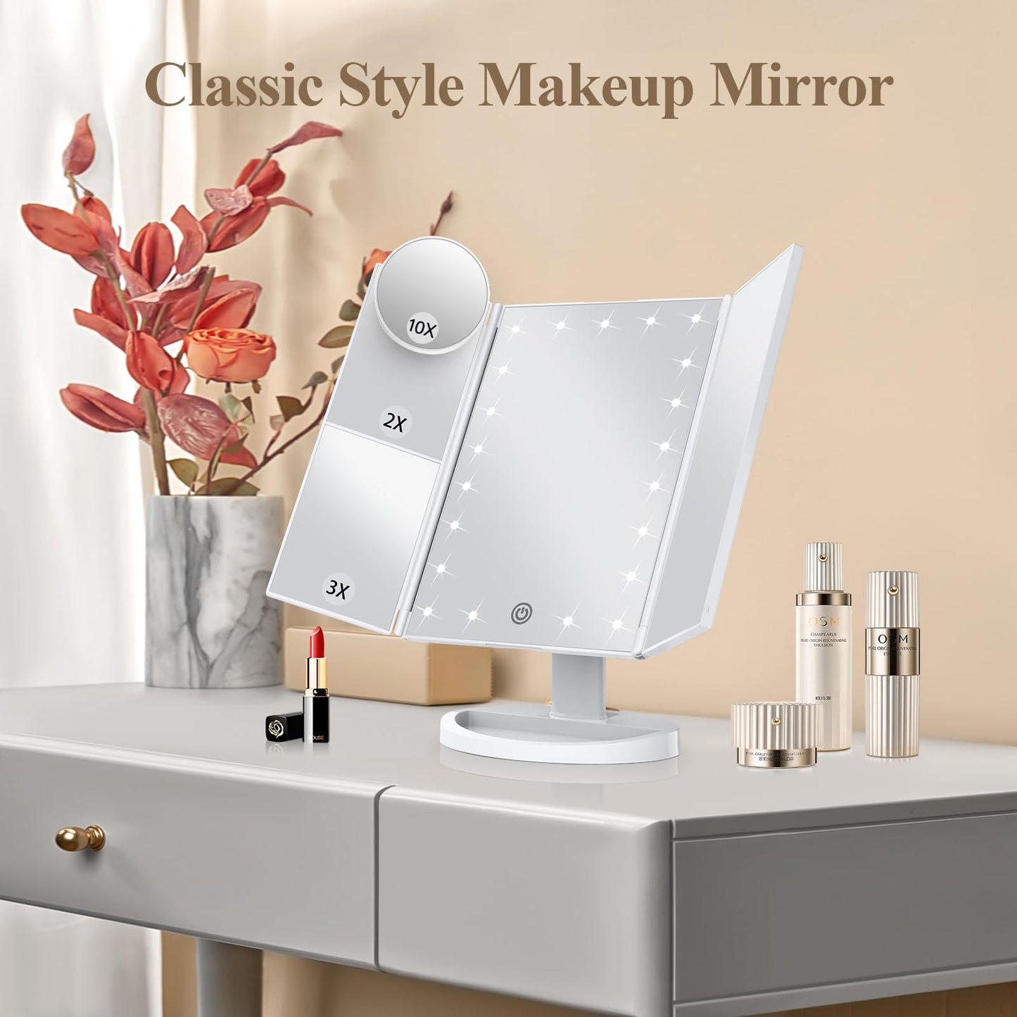 HUONUL Makeup Mirror Vanity Mirror with Lights, 2X, 3X, 10X Magnification, Touch Control, Trifold, White, 9.4" L x 13.4" W, Modern Style, Dresser Mount, Bathroom