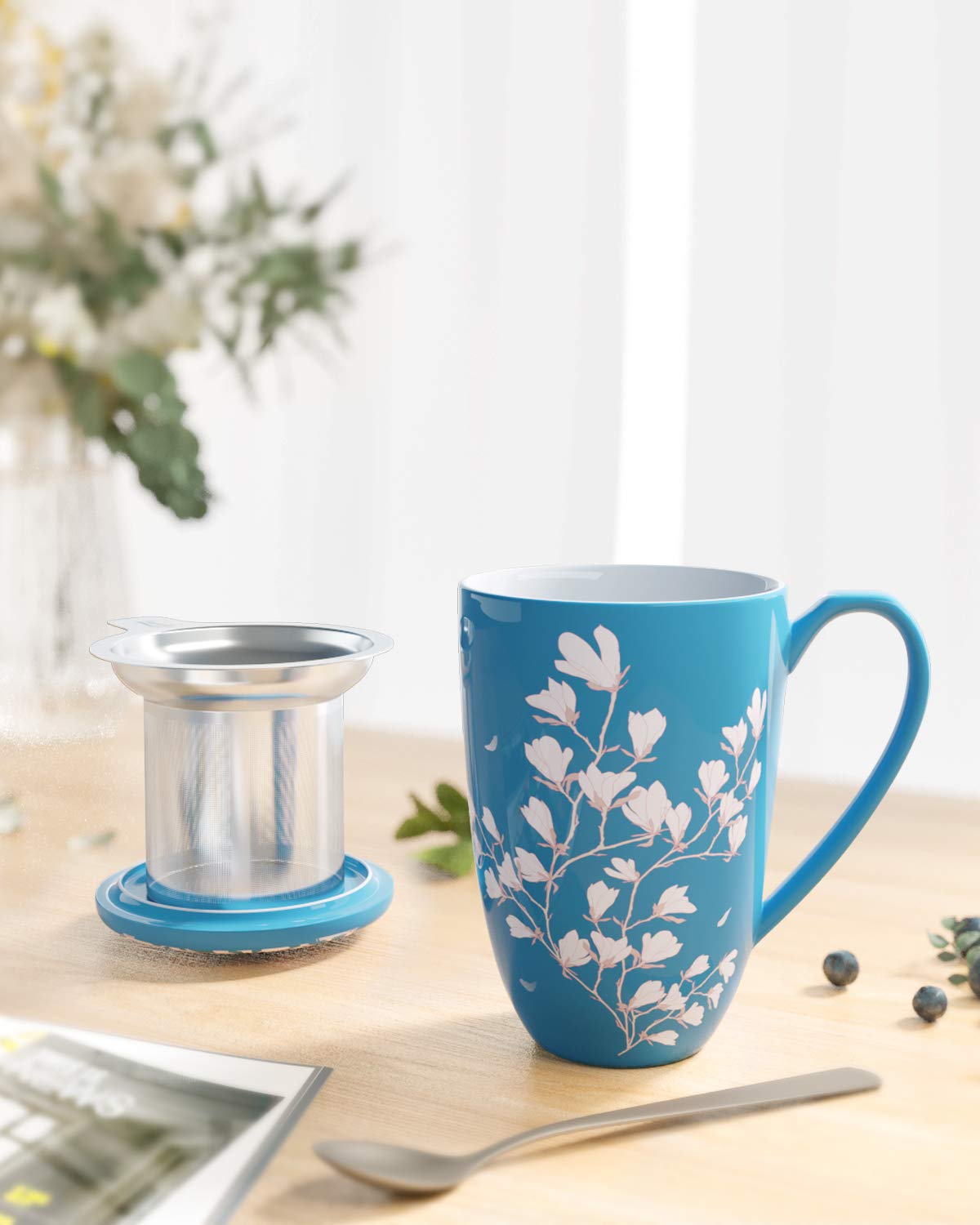 immaculife Tea Cup with Infuser and Lid - Tea Mug with Lid for Steeping Loose Leaf Coffee Milk Women Office Home Gift 16oz Navy Flower