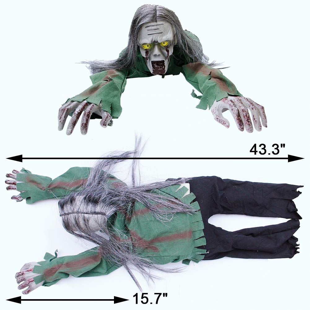 Joliyoou Halloween Decoration, 43.3-Inch Touch & Voice Activated Crawling Zombie, Scary Groundbreak Animated Halloween Zombie Prop for Halloween Outdoor Decor