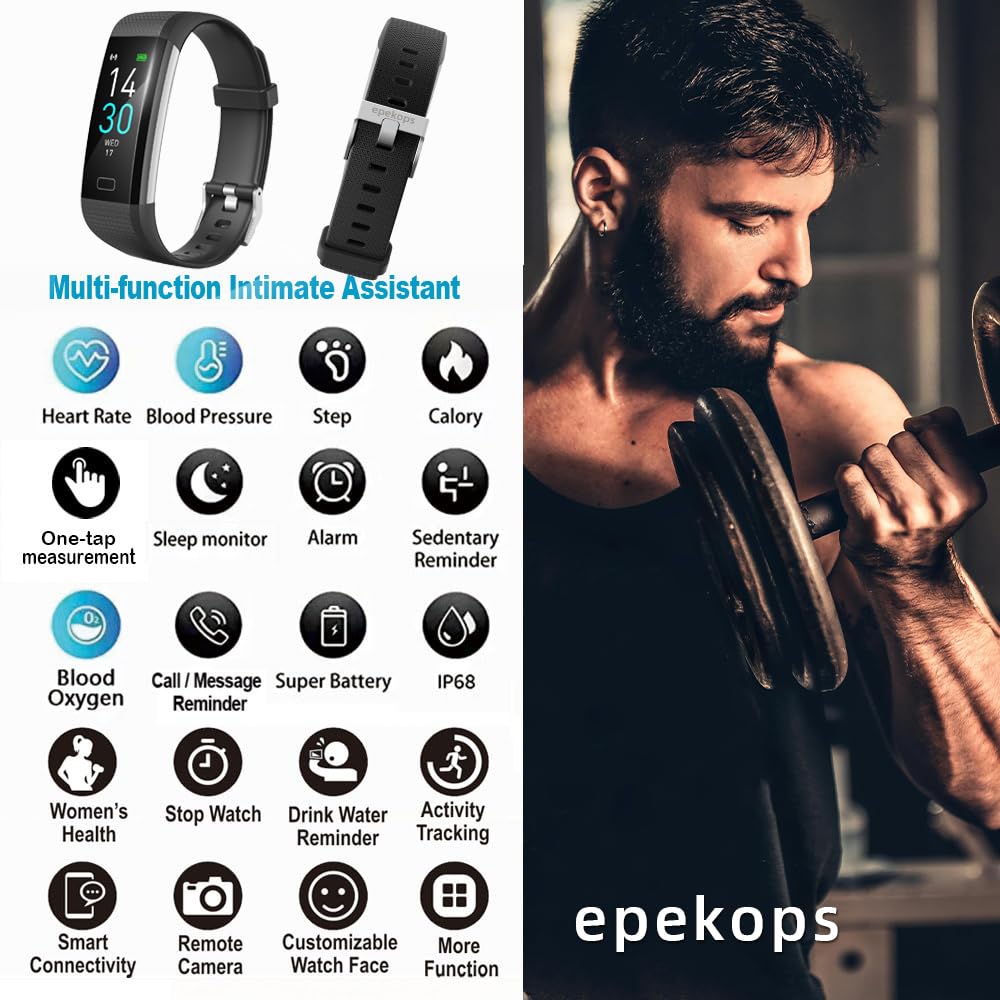 epekops Fitness Tracker with Heart Rate Monitor/Step Counter/Calories, Activity Tracker Smart Watch Sleep Monitor, IP68, Health Tracker Pedometer for Man Women