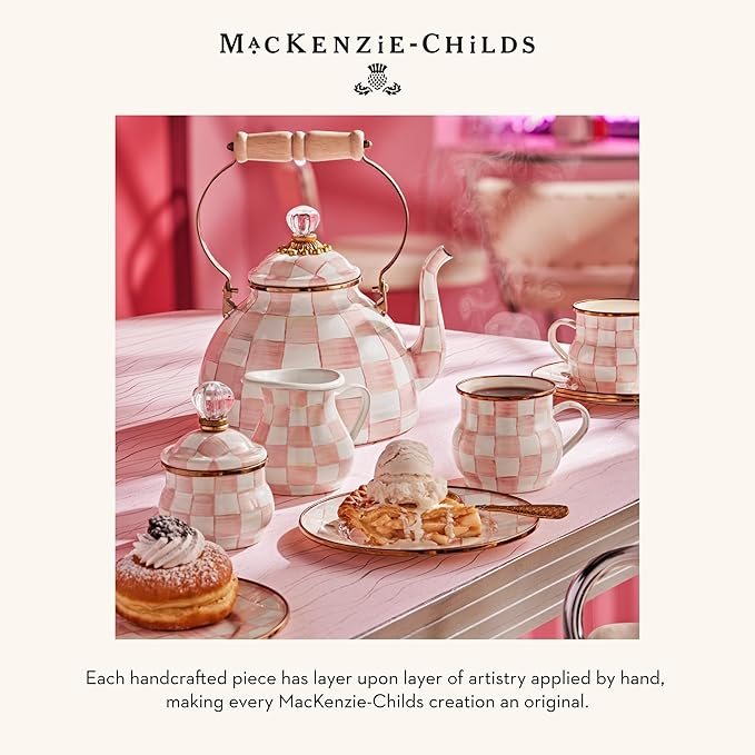 MACKENZIE-CHILDS Sweets Jar with Enamel Lid, Small Glass Cookie Jar or Kitchen Jar, 0.5-Gallon Capacity, Pink-and-White Rosy Check