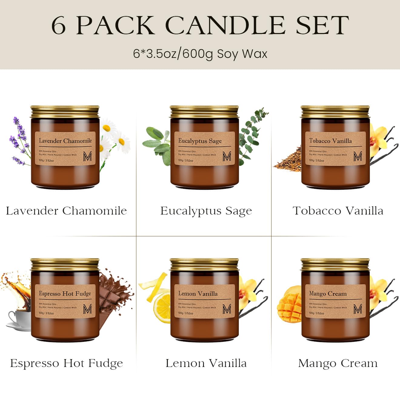 M&SENSE 6 Pack Candles Gift for Home Scented Aromatherapy Candle Set for Women Soy Wax Long Lasting Amber Jar Candles Gift for Birthday Housewarming Mother's Valentine Day