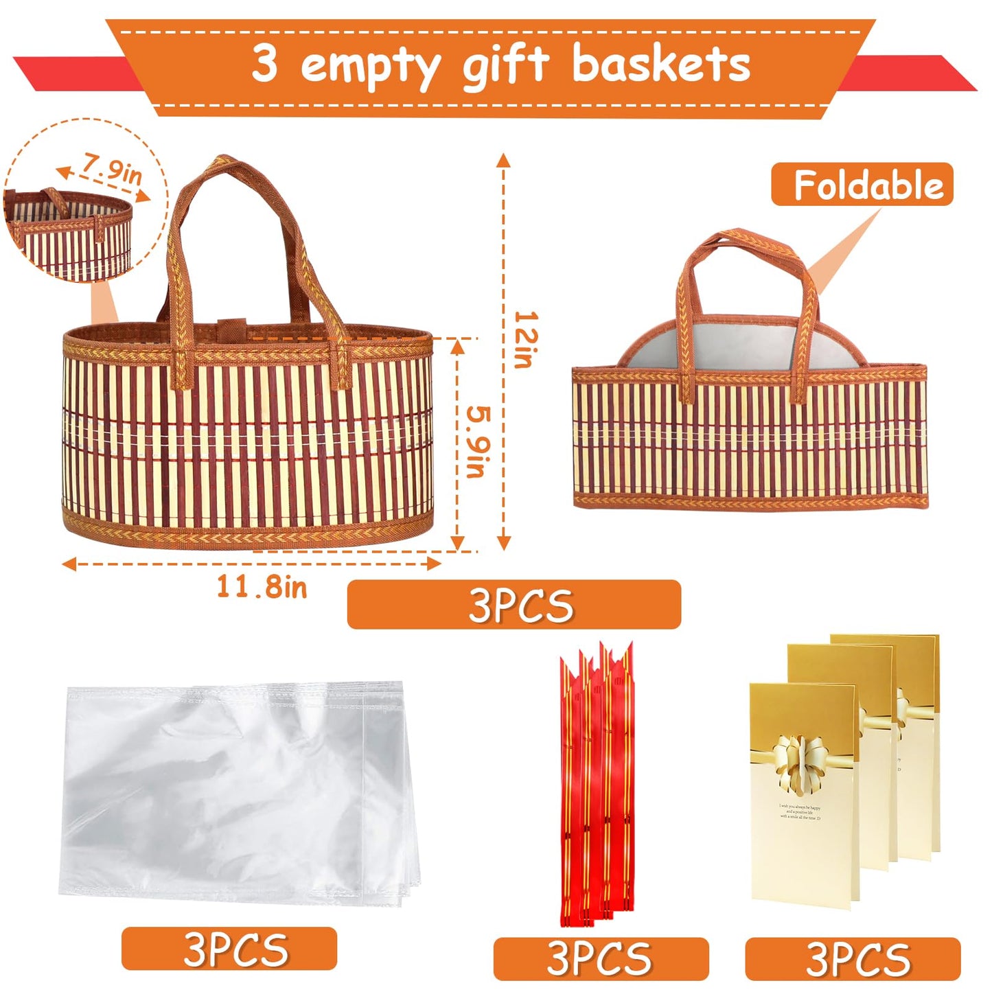 3 Set Baskets for Gifts Empty, Large Woven Bamboo Gift Basket Kit with Handles, Sturdy Empty Gift Baskets to Fill for Baby Shower, Birthday Party Wrapping Gift -3 Cellophane Wrap Bags,3 Gift Cards