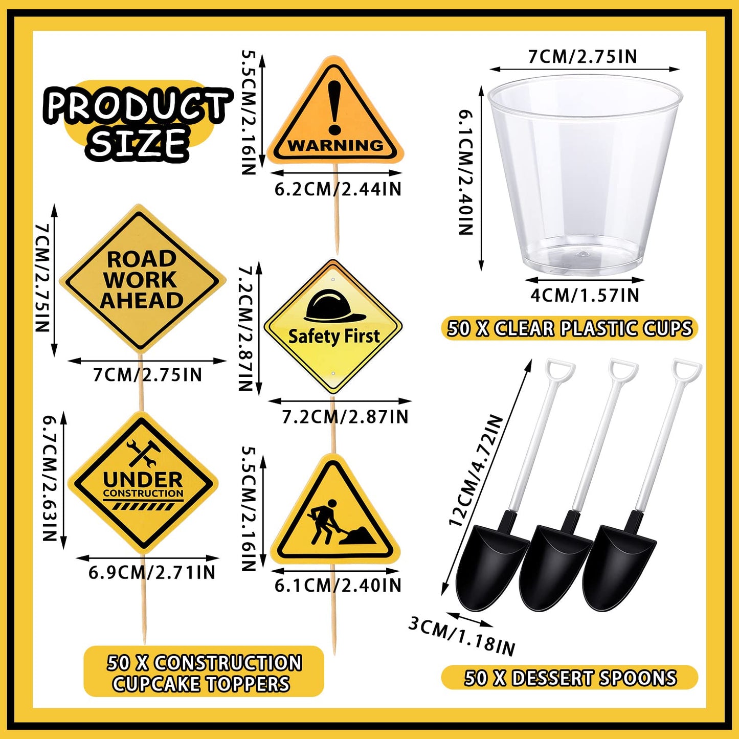 BBTO 150 Pieces Party Supplies - 50 Plastic Shovel Spoons, 50 Cake Dessert Cups, 50 Construction Cupcake Toppers for Themed Birthday Party