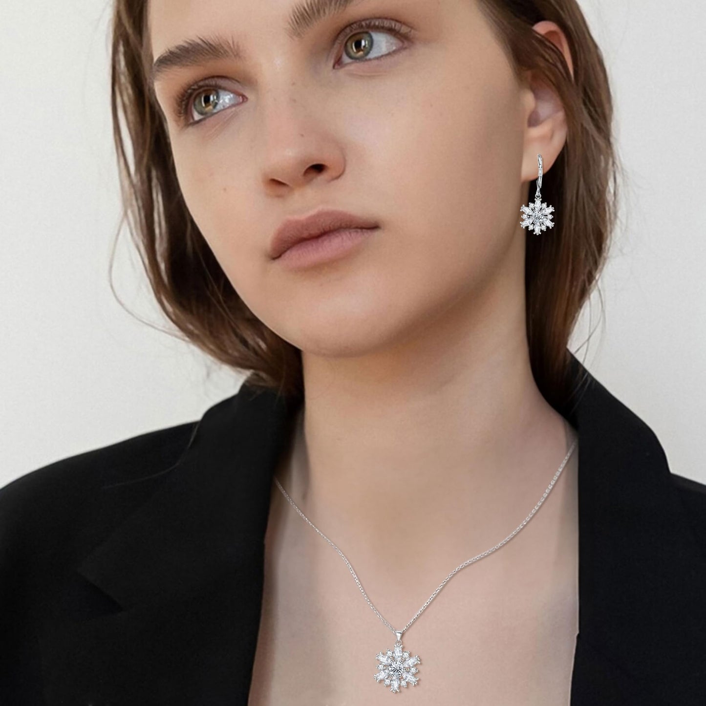 FANZE Fashion Cubic Zircon Snoweflake Jewelry Set for Women Snow Dangle Earring Hypoalllergenic Trendy Gift for New Years Chrismas Thanksgiving Clear Sliver-Tone