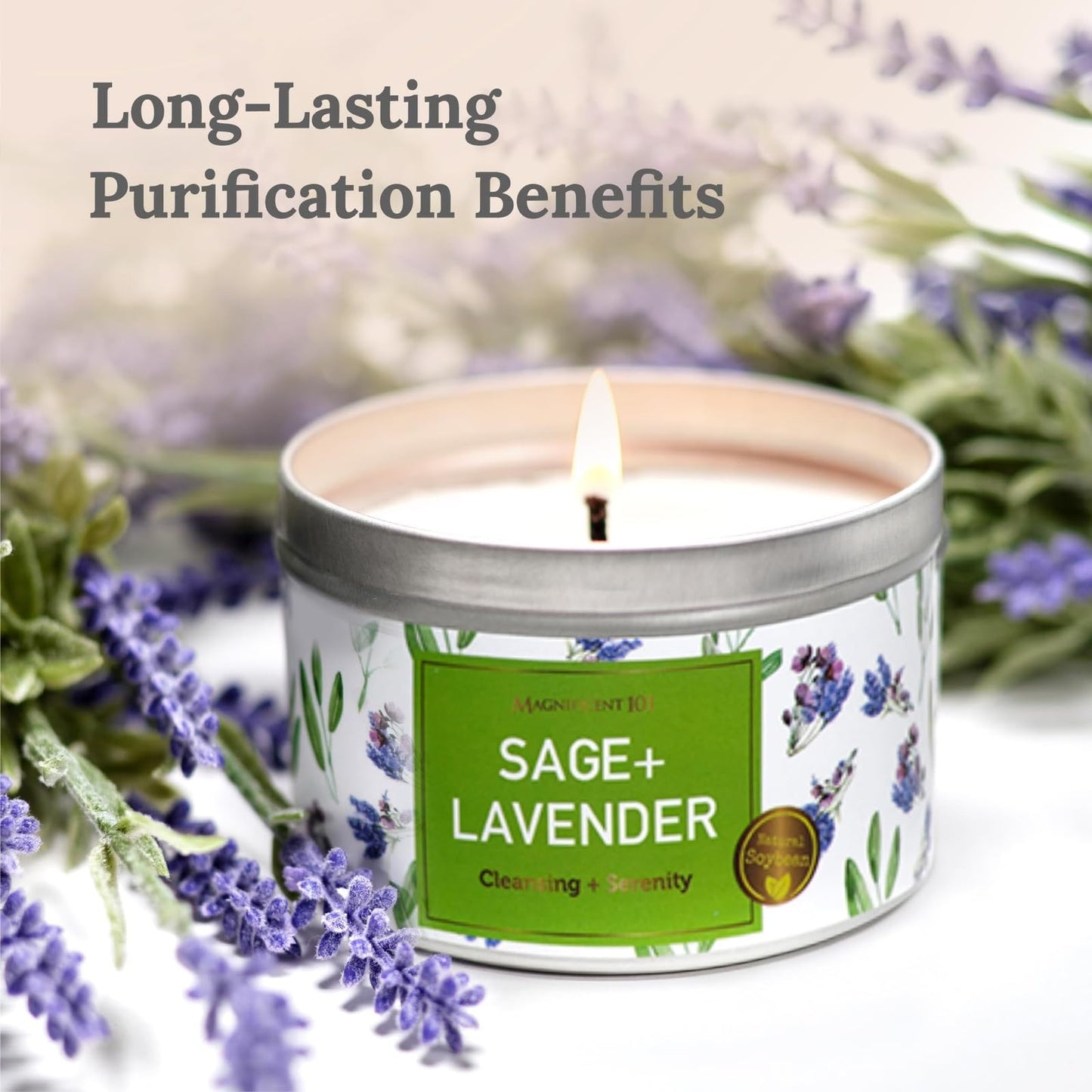 MAGNIFICENT 101 Sage & Lavender Aromatherapy Smudge Candle - 6 Oz - 35-Hour Burn Soy Wax - Energy Cleansing & Manifestation - Spiritual Decor & Meditation Accessories - Spiritual Gift for Women