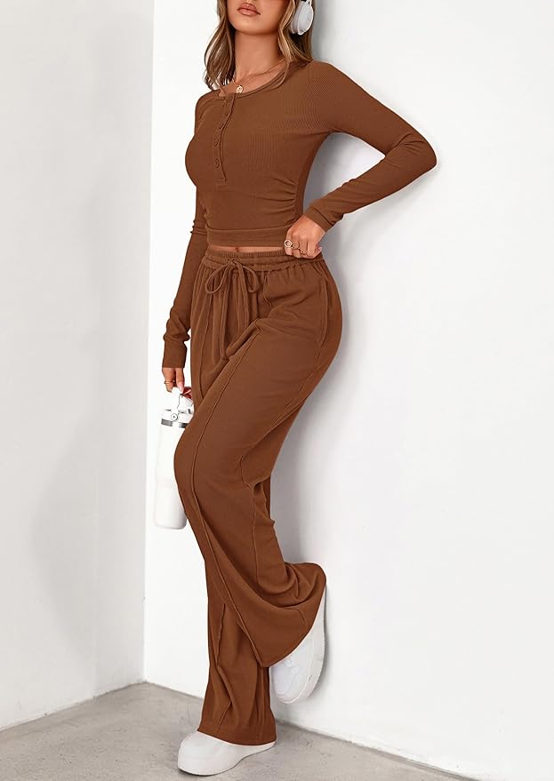 PRETTYGARDEN Women's 2026 Fall Trendy 2 Piece Outfits Lounge Sets Long Sleeve Top Henley Shirts Wide Leg Pants Travel Clothes
