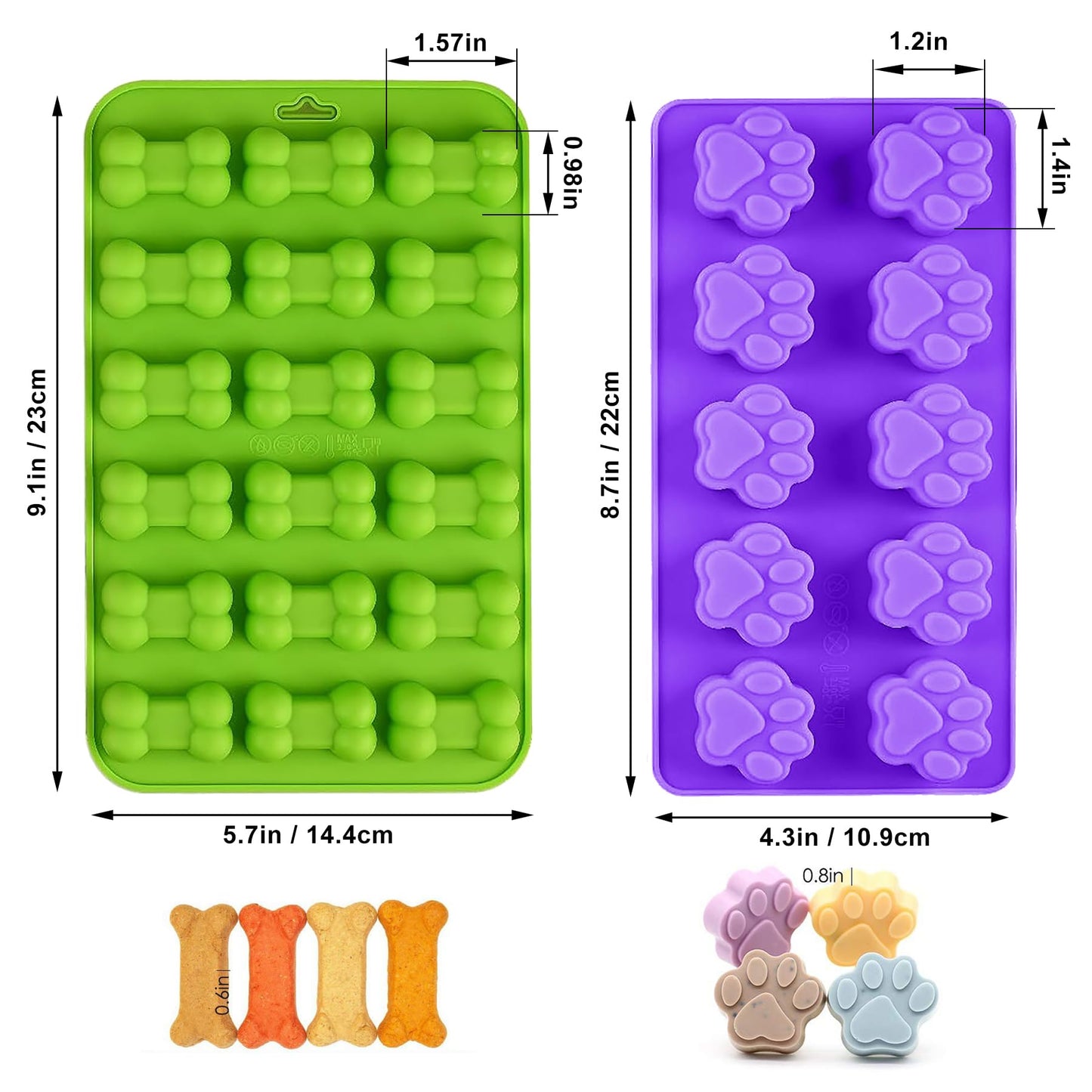 Set of 15 Non-Stick Silicone Dog Treat Molds - Paw and Bone Shapes, Ideal for Frozen Treats, Baking Jelly, Candy, Chocolate, Dog Snack Biscuits