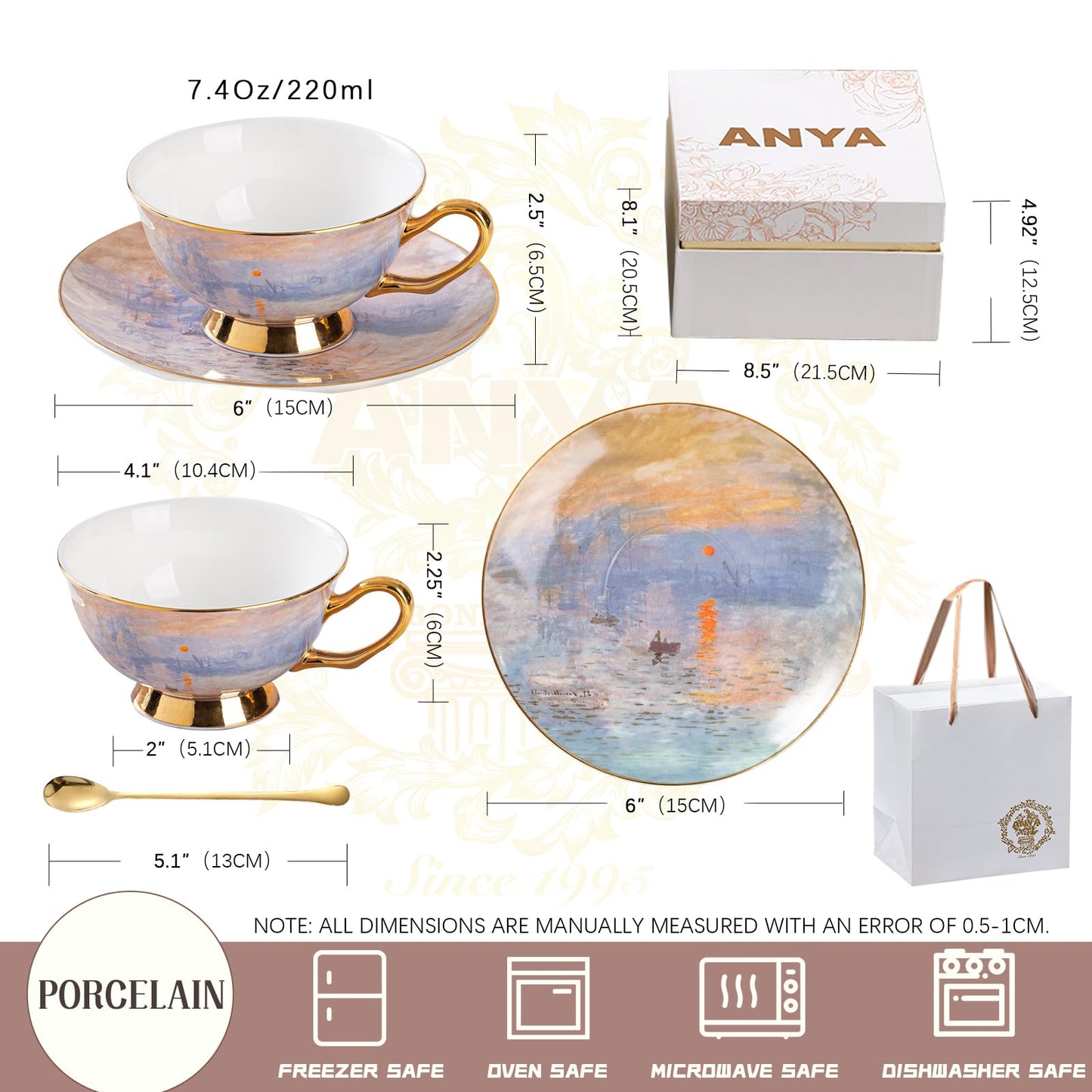 ANYA Coffee Cup Bone China Coffee & Tea Cup and Saucer Set with Spoon and Gift Box, Porcelain Cappuccino Cup, Ideal for Tea Parties, Single Set(7.4 oz) (Sunrise)