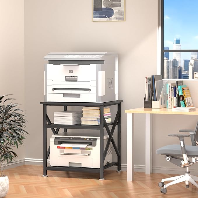 Printer Stand, 23.6 x 23.6 Inches Large Printer Stand with Adjustable Storage Shelf, 3 Tier Printer Table for Home Office, Rolling Printer Cart with Industrial Wheels, Mini Fridge Stand Table, Black