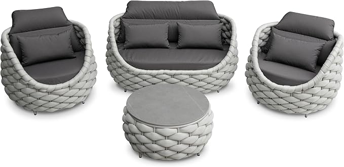 Erotr Aluminum Patio Furniture Set: 4 Pieces Woven Rope Outdoor Conversation Sofa Set Assembled - Modern Cushioned Armchair Couch Set for 660lbs Porch Deck Backyard Poolside Garden Drawing Room Hotel