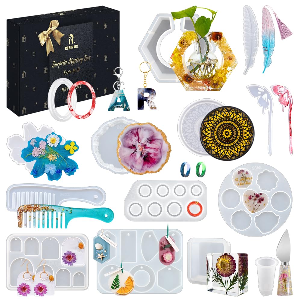 Resin Go 500G Random Resin Molds,Mystery Box Silicone Molds for Epoxy Resin,Blessing Bags Blind Box Moldes De Silicona para Resina,Contains Pendants,Coasters,Trays,Letters and Other Random Moulds