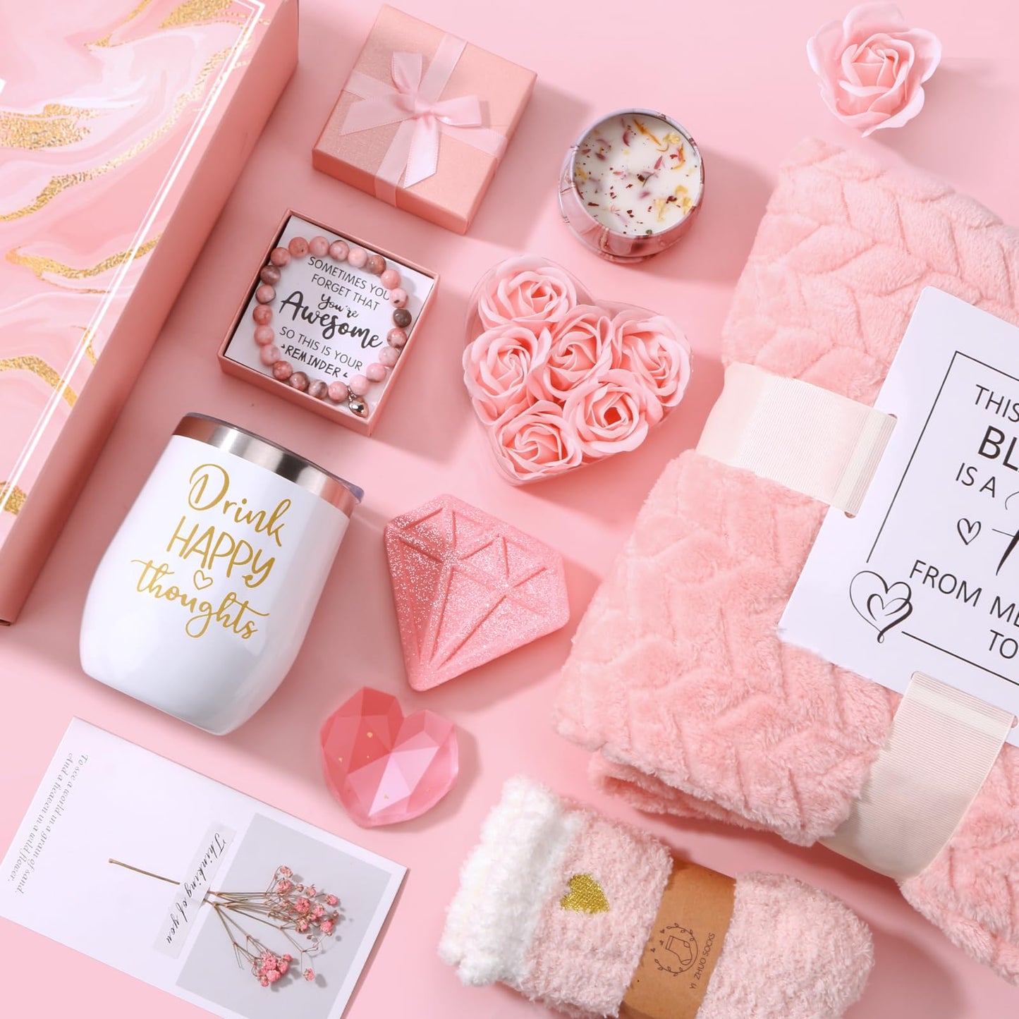 Birthday Gifts for Women Self Care Gift Set, Pink Relaxing Spa Gifts Basket Women Care Package Get Well Soon Gifts, Unique Christmas Presents for Mom Her Wife Sister Grandma, Thinking of You Gifts