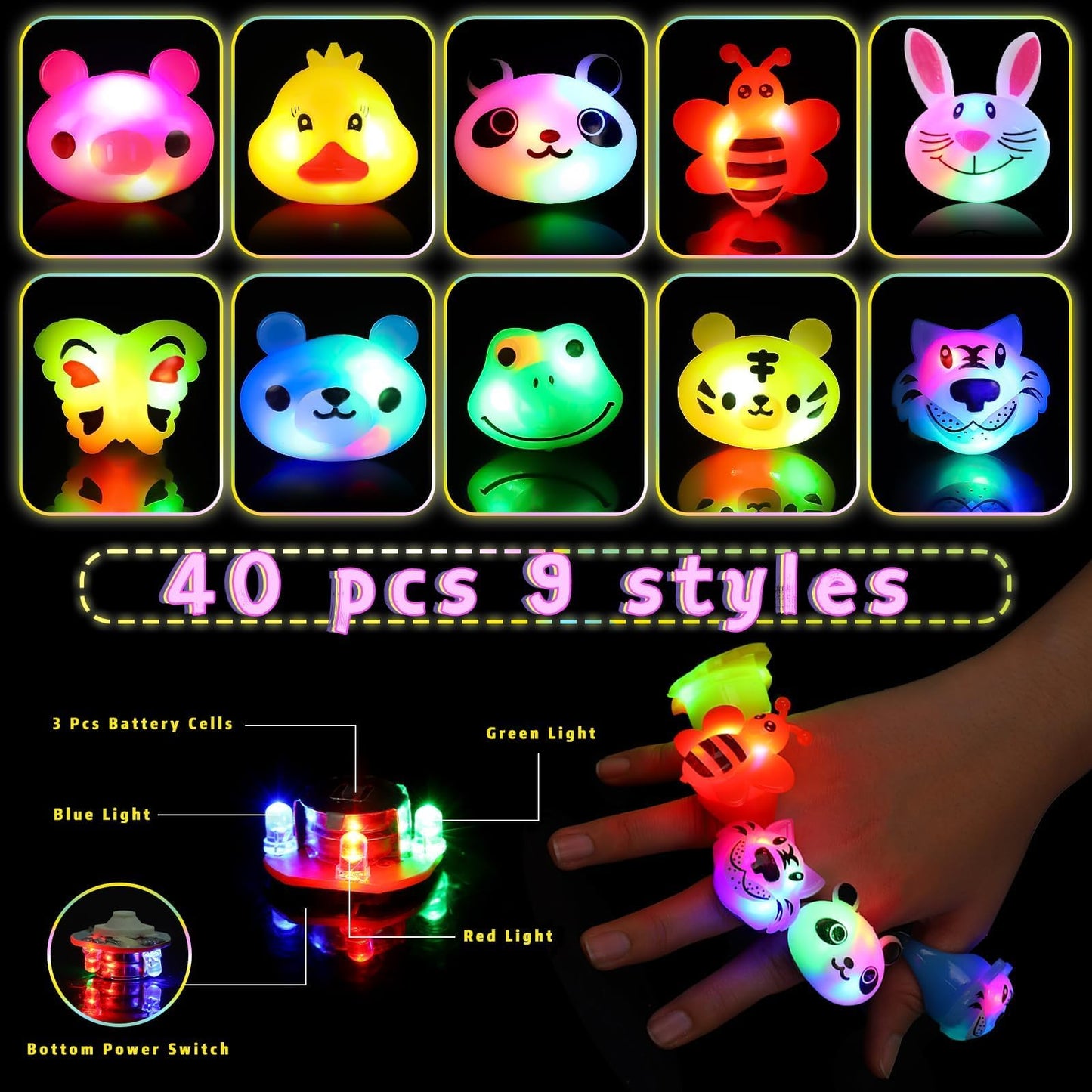SCIONE 40 Pack Light up Rings Birthday Party Favors for Kids, Goodie Bag Stuffers Glow in the Dark Halloween Party Supplies, Classroom Prizes Cute Animal Treasure Box for Kids