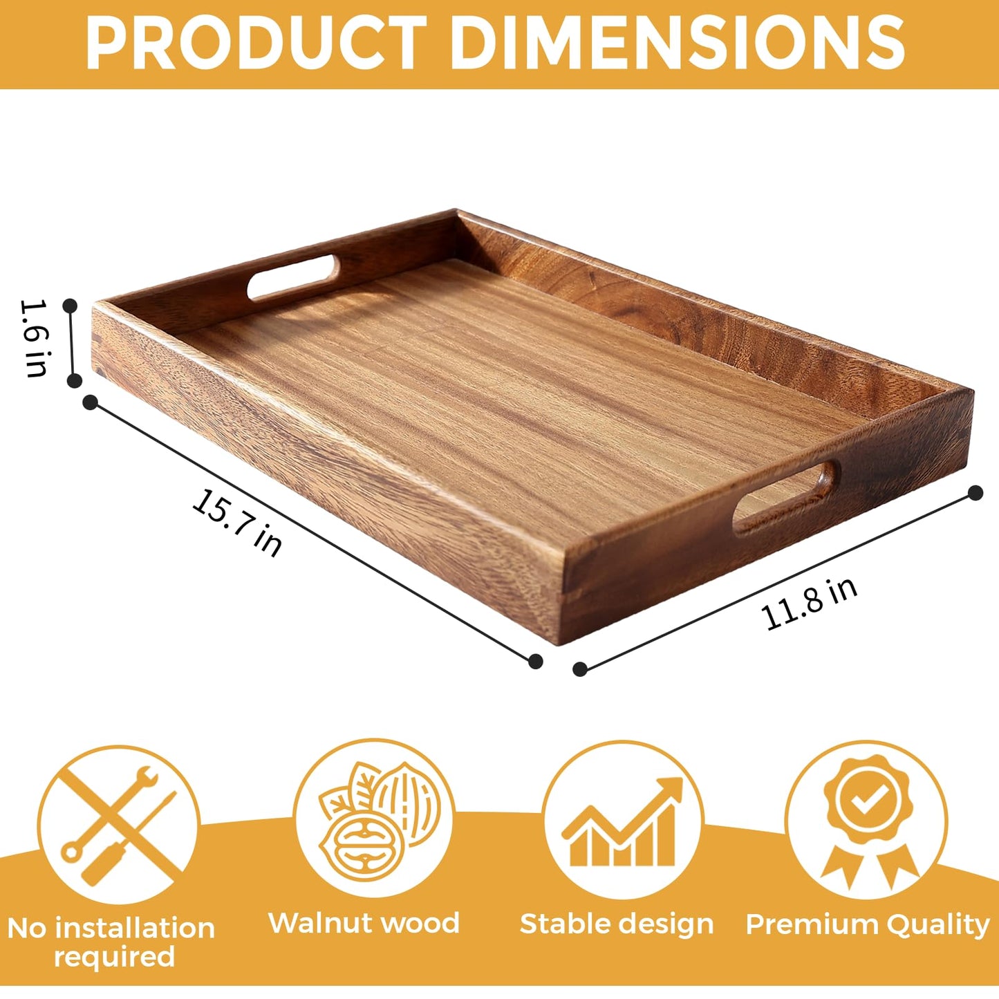 MOOKOMI Walnut Wood Serving Tray with Handles - Stylish Coffee and Food Tray for Home, Ottoman, or Dining Use(15.7 Inches)