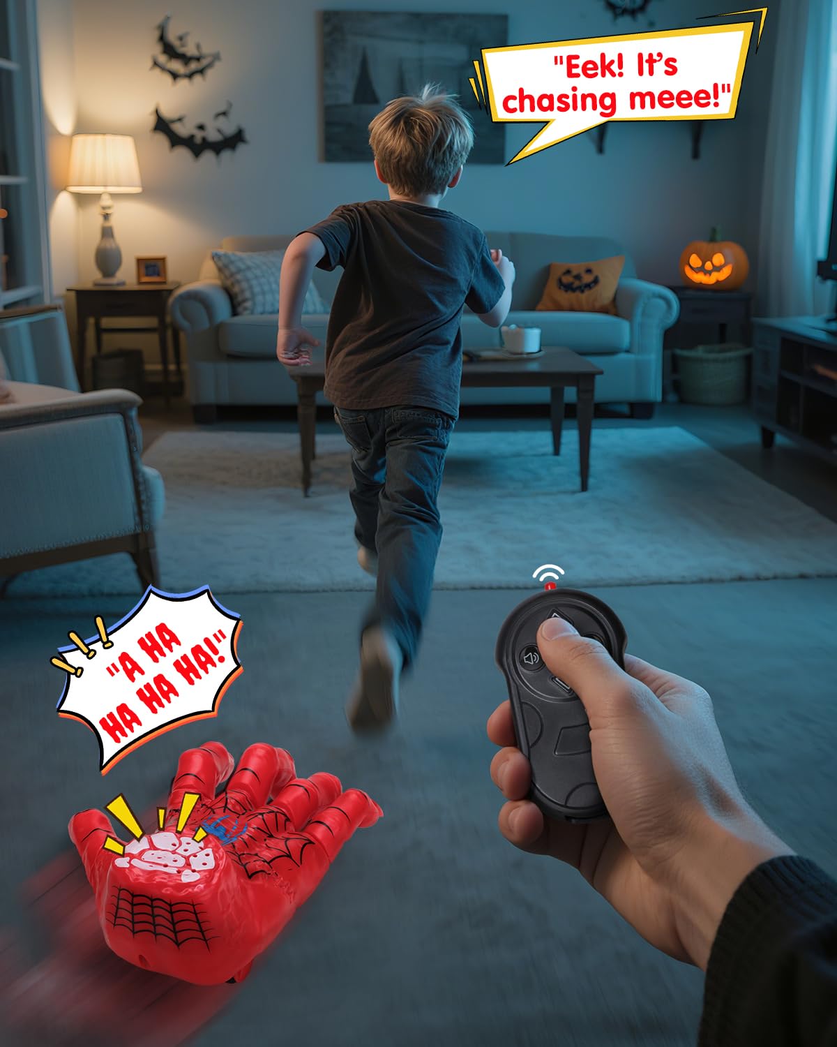 Humzo Halloween Crawling Thing Hand – Spider Hero Model, Remote Control Toy with Spooky Sound & LED Light, Quick-Move, Battery Powered Gift for Kids Birthday Holiday