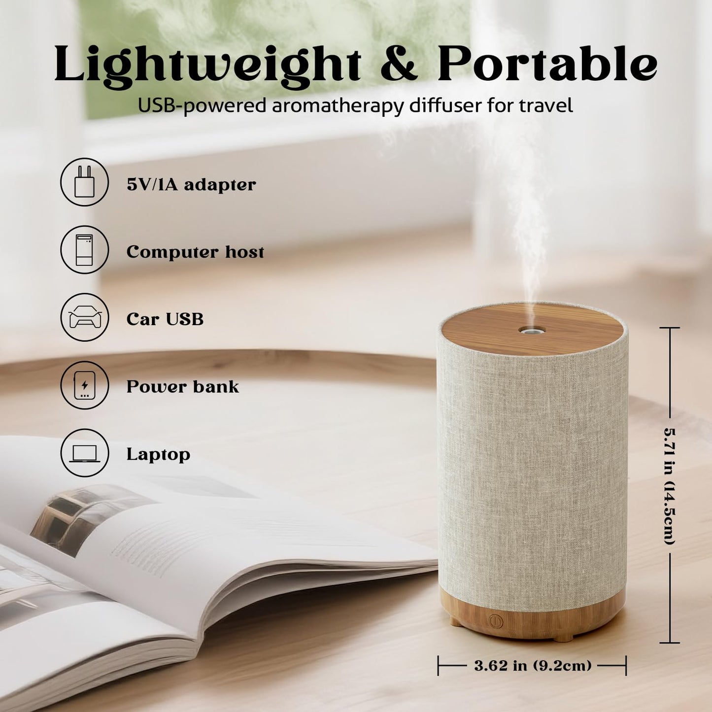 Essential Oil Diffuser with Fabric Cover, SNOWSEN 120ml Aromatherapy Diffuser with 8 LED Color Changing Lights & Night Lamp, Auto Off Function, Cool Mist Humidifier for Essential Oils for Home