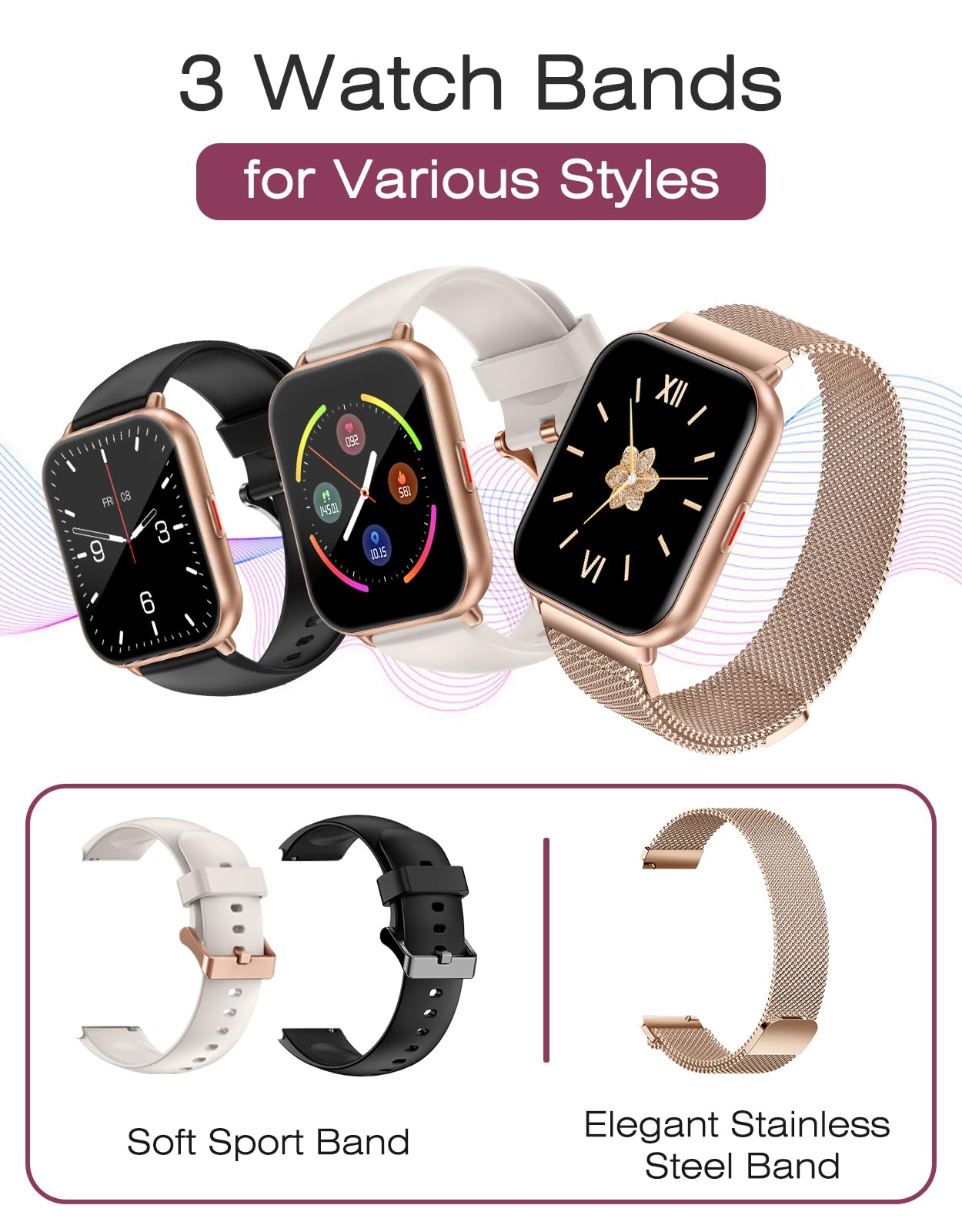 Smart Watches for Women Men (Answer/Make Calls, 3 Bands), 1.85" Fitness Tracker Watch for iPhone/Android Phones with Heart Rate Monitor Sleep/Steps Tracker 100+ Sports Pedometer Waterproof Gold