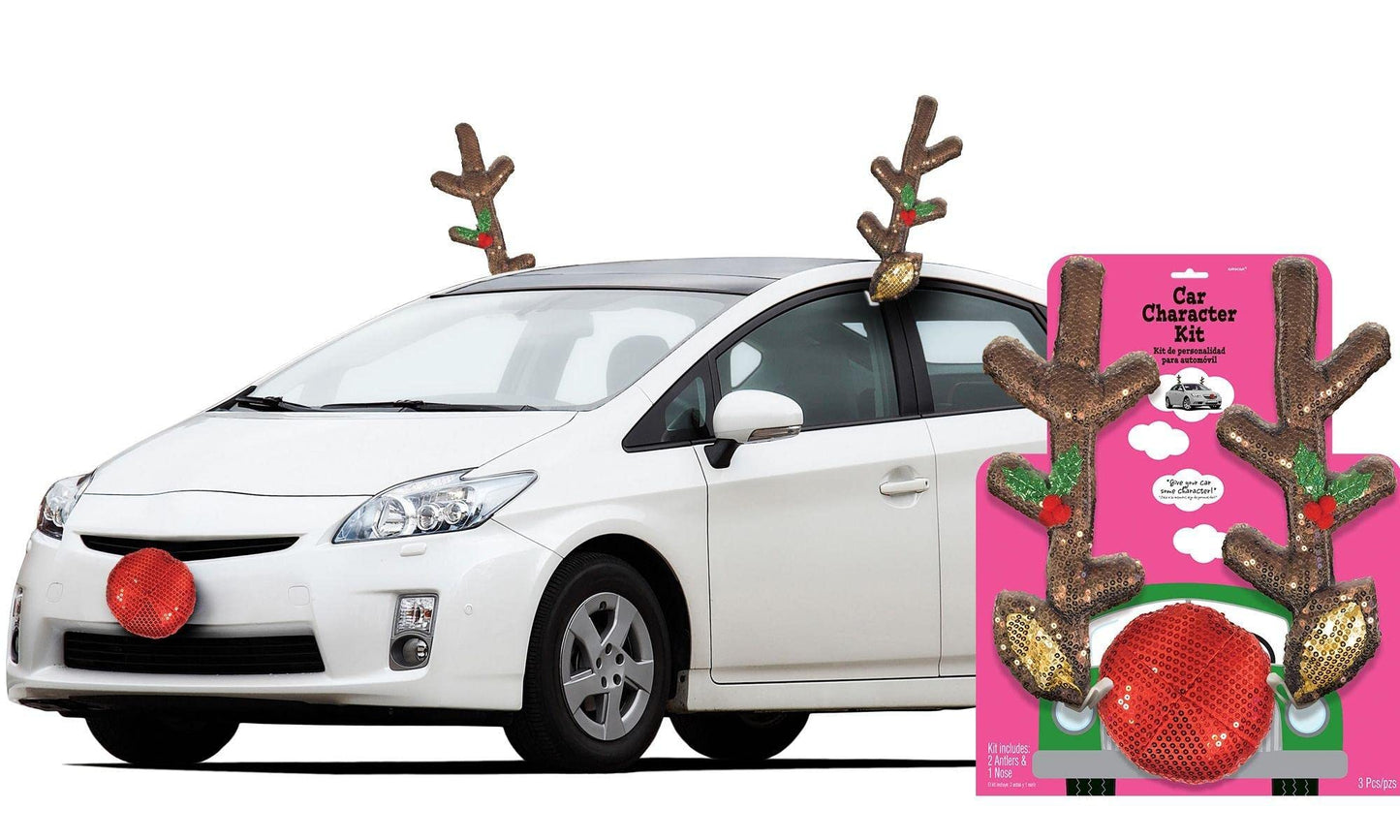 Glitzy Reindeer Car Kit (Pack of 3) - Eye-Catching Plush Antler and Nose Christmas Vehicle Decor, Perfect For Festive Celebrations & Holidays