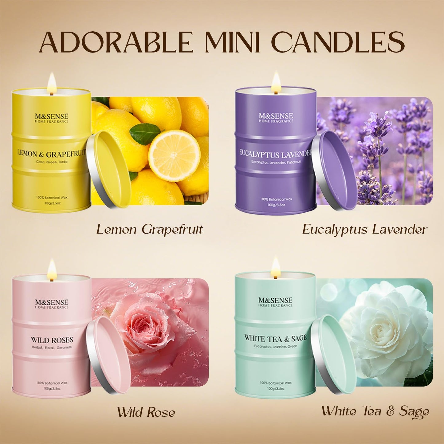 Mini Candle Set | Scented Candles Gift Set | 4 Pack Candles for Home Scented Candle,Citrus Lemon Lavender Rose Sage Candle,Gift Set for Women and Men,Soy Wax 14 oz 86 Hour