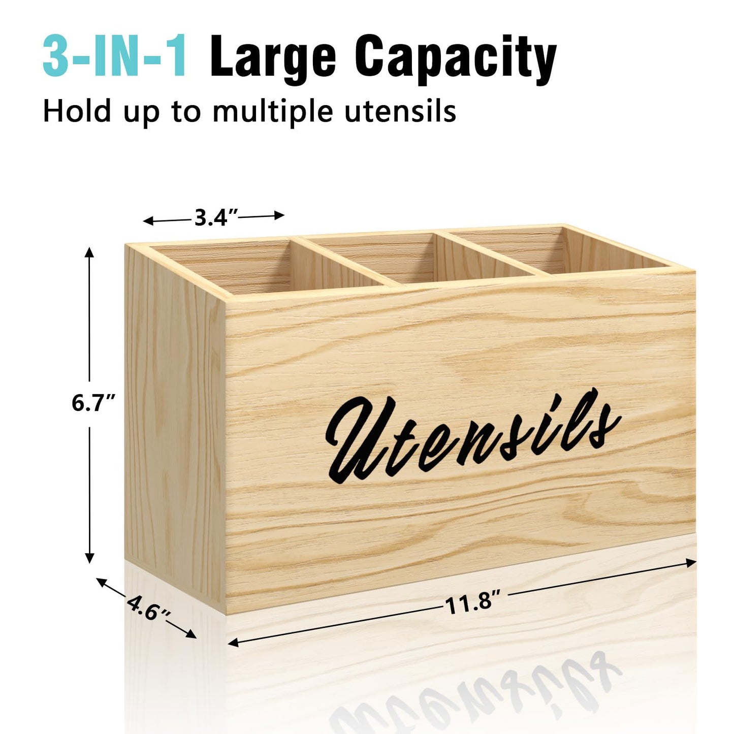 REFGY Wooden Kitchen Utensil Holder, Flatware Utensil Caddy with 3 Compartments, Utensil Caddy for Parties, Storage Organizer Box for Kitchen Counter & Silverware, Natural