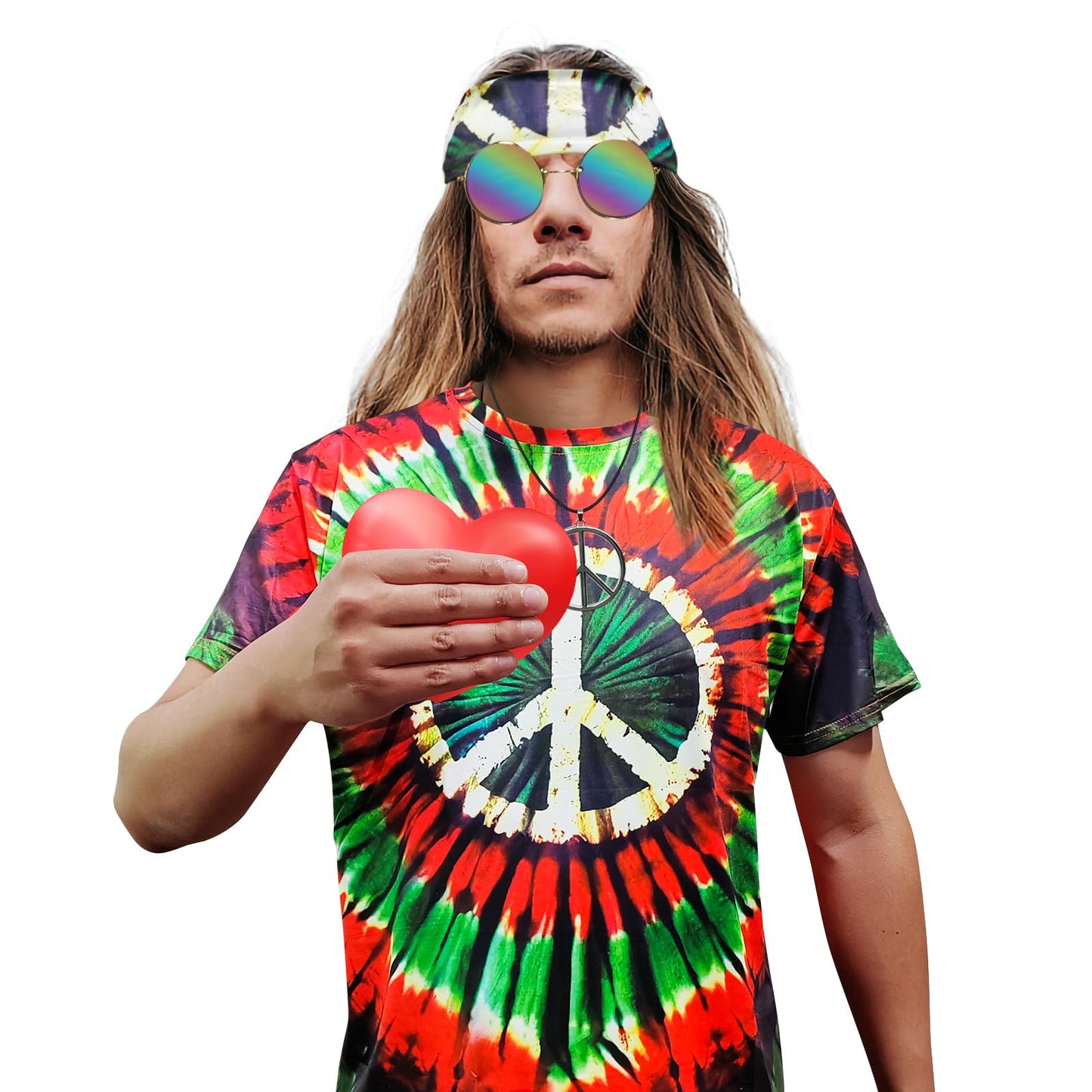 XonyiCos Hippie Costume for Men Women 60s and 70s colorful T-shirt sunglasses headband Peace necklace 4-piece theme party (Peace Red Black 4-piece Set, X-Large)