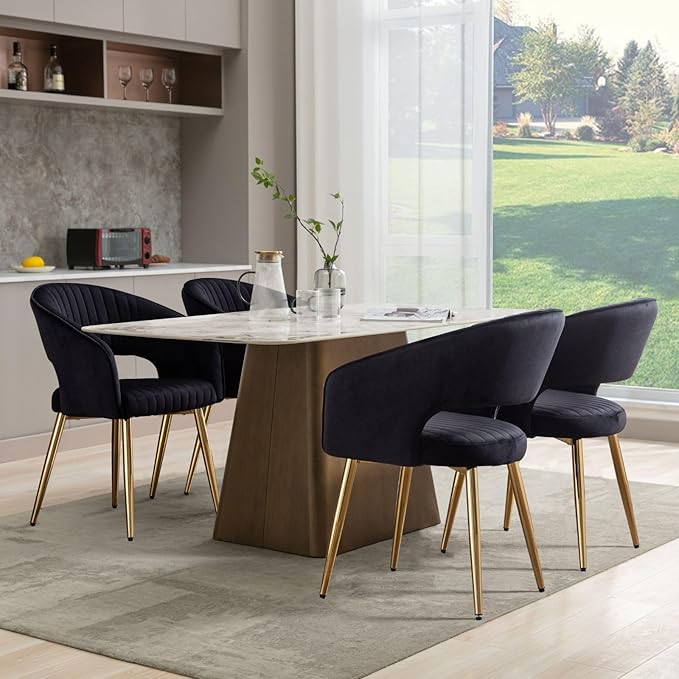 COMULER Black and Gold Velvet Dining Chairs, Modern Dining Room Chairs with Arms Set of 6 Upholstered Accent Chair Armchair with Barrel Back for Kitchen Living Room