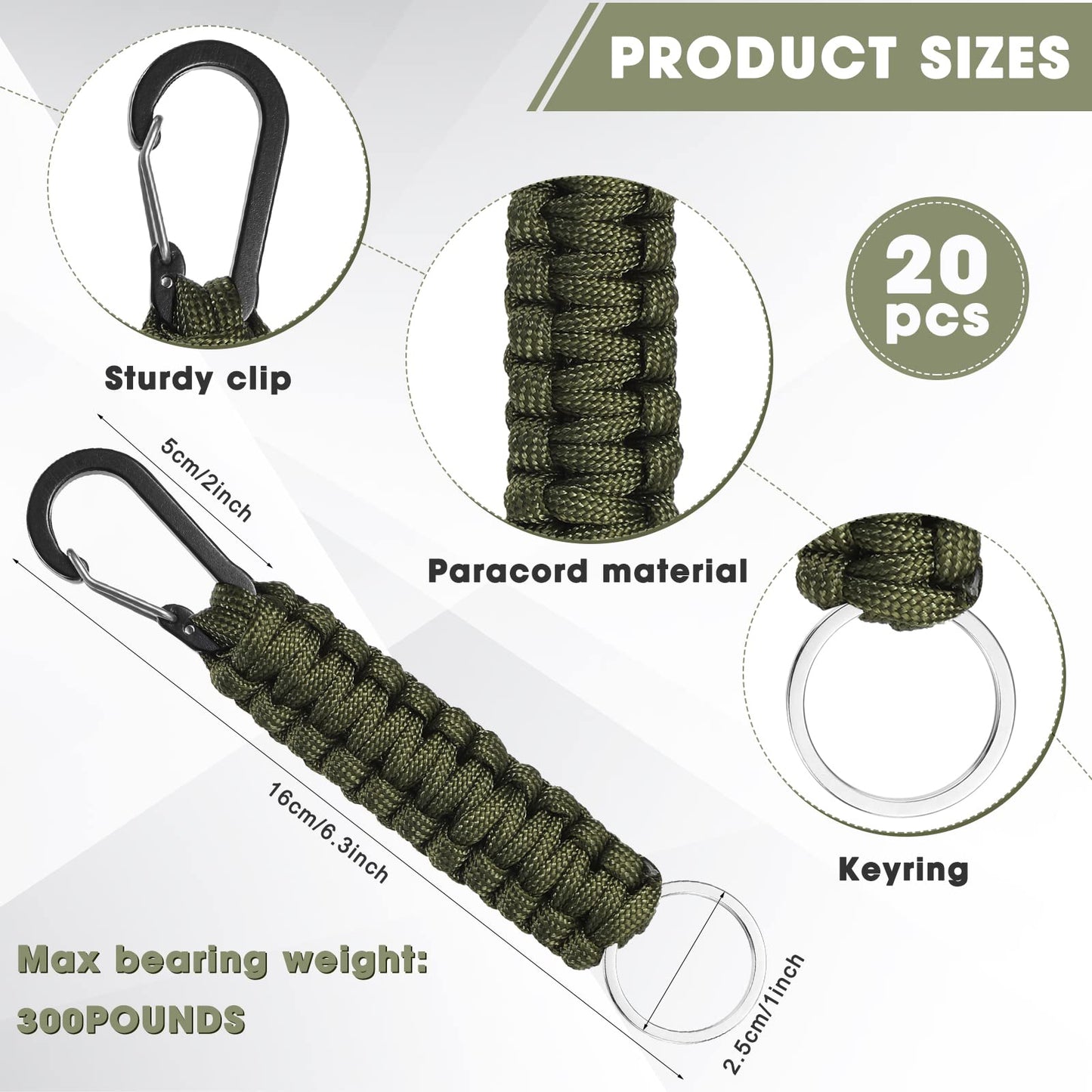 Fumete 20 Pcs Paracord Keychain Military Braided Keychain Clip with Strap Paracord Backpack Strap with Chain Hooks for Women Men Camping Fishing Hiking Backpacking Keys Hanger, 5 Styles