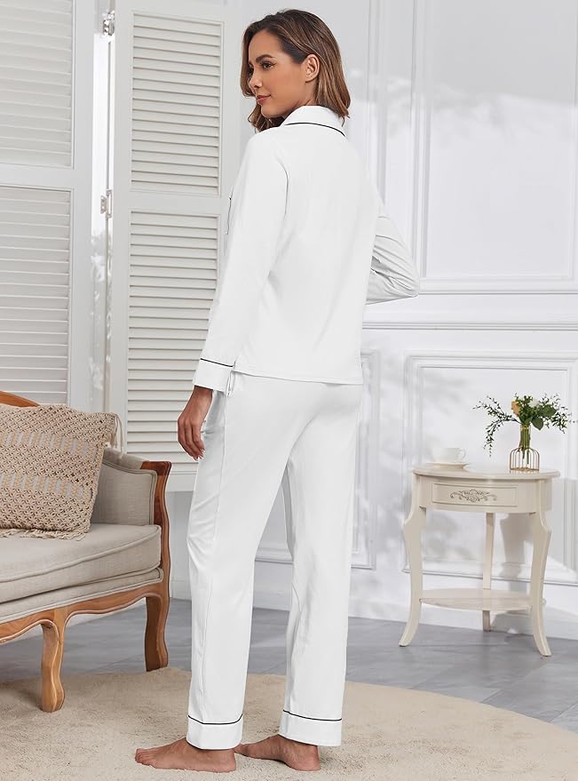 Veseacky 100% Cotton Pajamas for Women Set Long Sleeve Button Down Sleepwear Soft Pjs Lounge Sets with Pockets XS-XXL