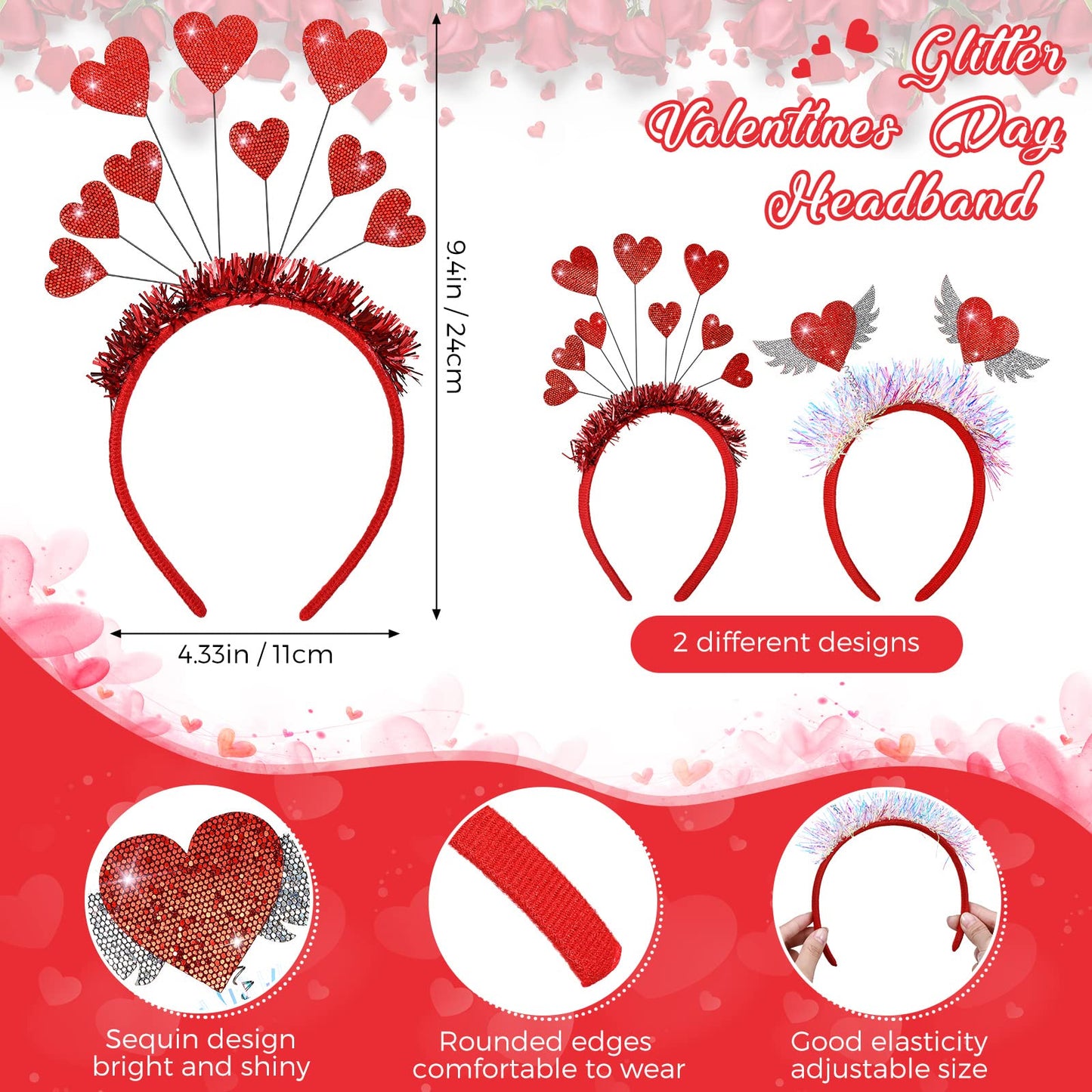 MTLEE 8 Pcs Valentines Day Red Heart Head Bopper Headband and Heart Shaped Sunglasses Transparent Candy Color Rimless Eyewear