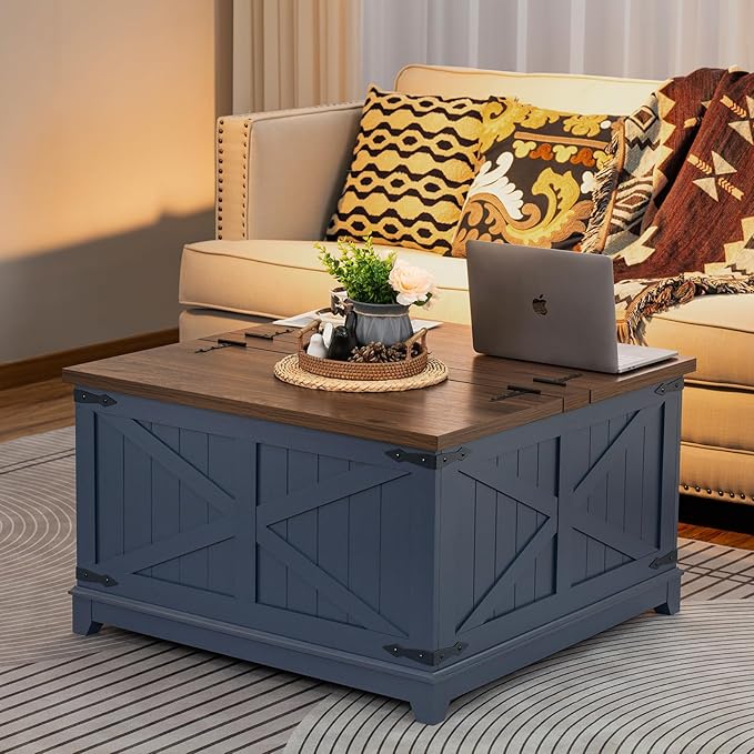 Farmhouse Coffee Table Sets 2 Pieces, Large End Side Tables with Charging Station and Coffee Table with Hidden Storage Compartment, Black Living Room Table Set, Wood Furniture Sets for Home Office