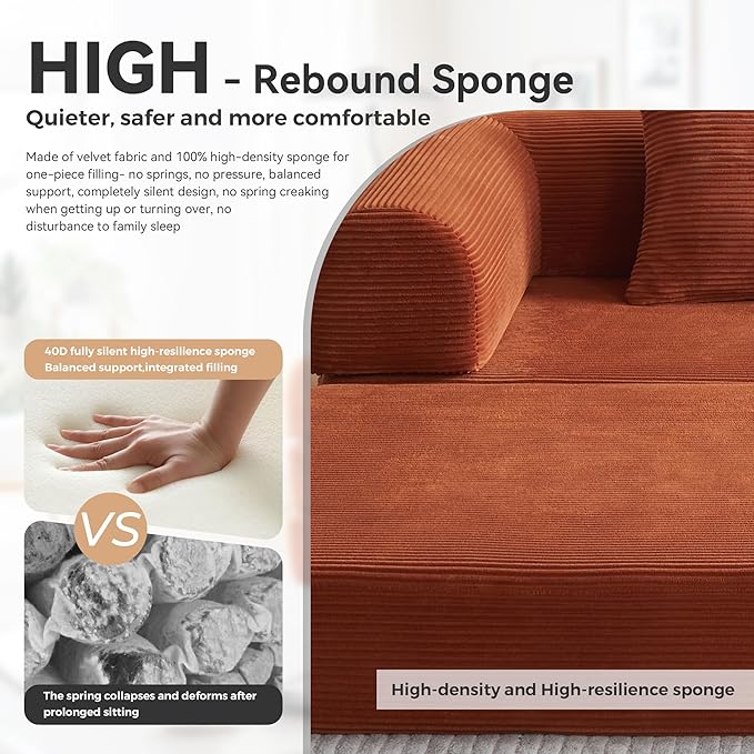 ZQRhome 79" 5-in-1 Convertible Sofa Bed, Modern Sleeper with Heavy Duty Frame, Plush Corduroy & 2 Pillows, No Assembly Couch for Entertainment & Lounge, Orange