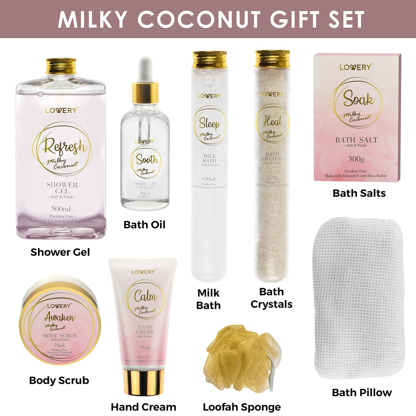 Luxury Bath Gift Set - Home Spa Gift Basket with Milky Coconut Scent, Vitamin E & Shea Butter with Shower Gel, Bath Salt & Crystals, Body Scrub, Hand Cream, Body Oil, Bath Pillow, Wooden Crate & More