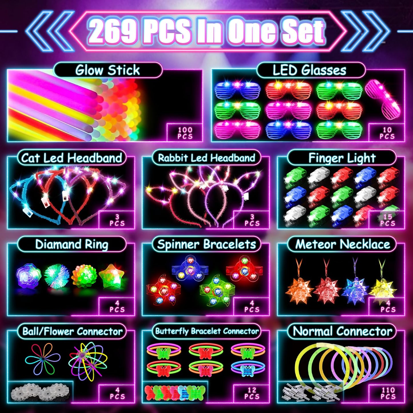 MIBOTE 269Pcs Led Light Up Toys Party Favors Glow in the Dark Party Supplies for Kid/Adults Halloween with Light Up Glasses,Rings,Fidget Spinner Bracelets,100 Glow Sticks Bulk Party Pack DIY Glow