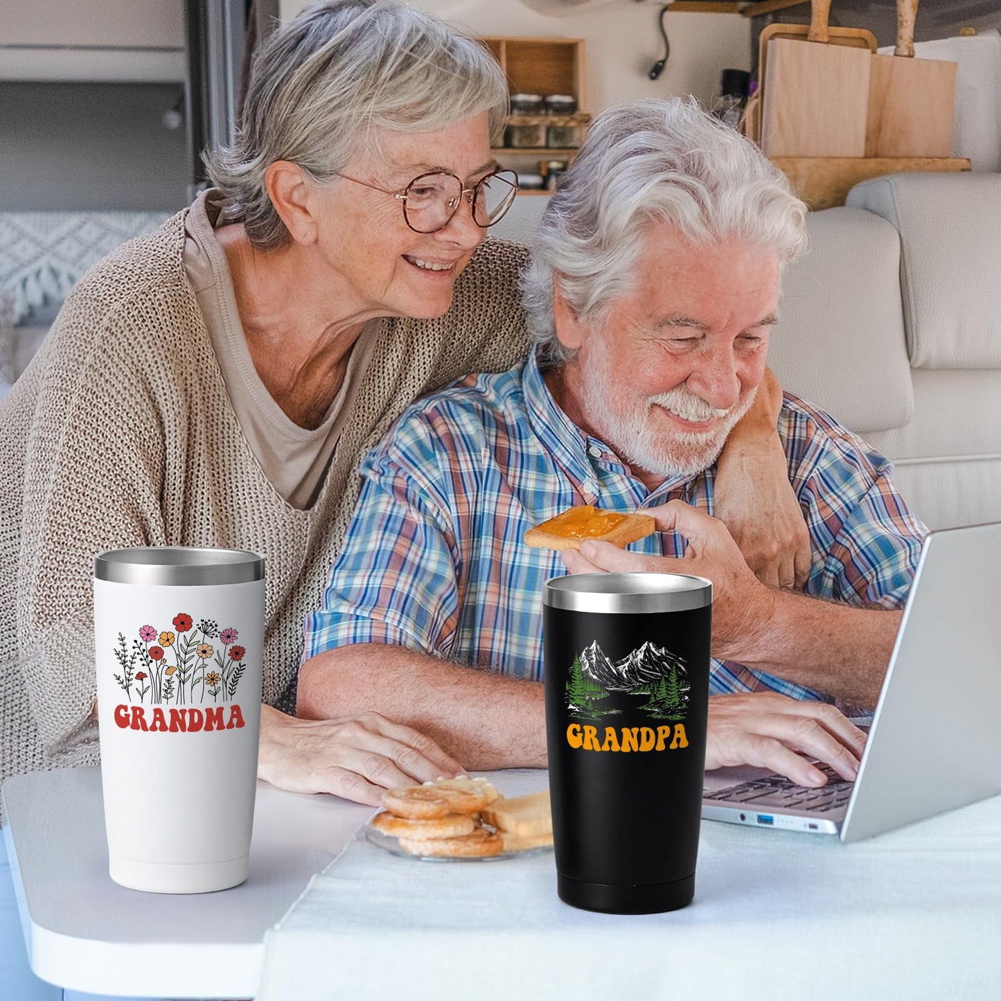 Qtencas Grandma and Grandpa Gifts, Grandparents Christmas Gifts, Grandpa and Grandma insulated Travel Tumbler Set, Gift for Grandparents on Christmas Birthday Anniversary, 20 Oz Black & White