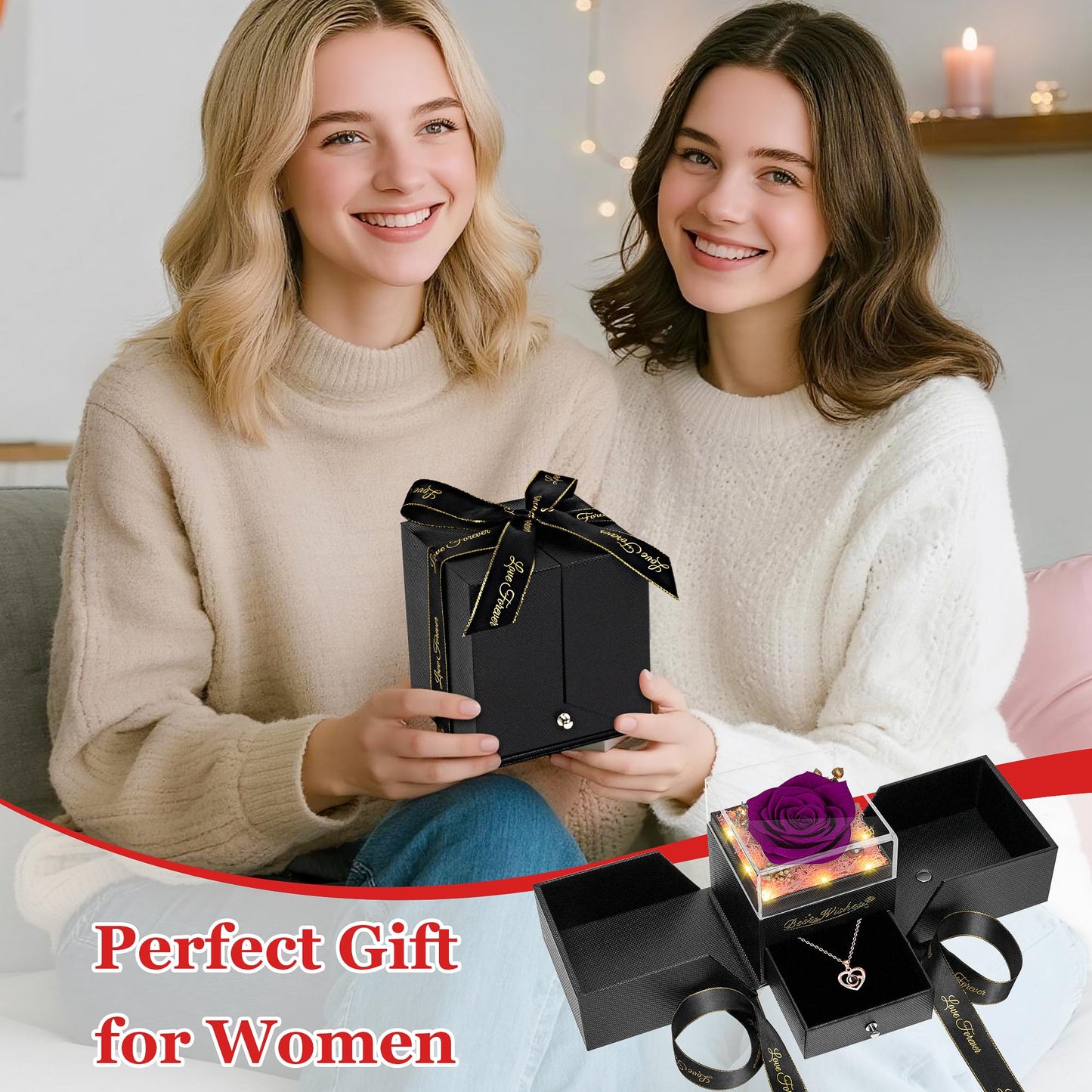 GOMALL Light Up Preserved Purple Rose Flower with Necklace,Birthday Gifts for Women,Christmas Rose Gifts for Her Mom Wife Grandma,Real Flower Mom Present for Women Christmas,Anniversary,Valentines