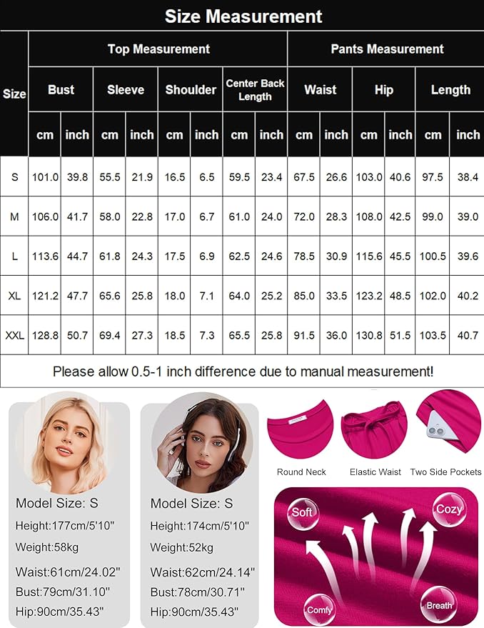 Ekouaer 2 Pack Womens Pajama Sets Short Sleeve Tops and Long Pants Casual Comfy Pjs Lounge Set with Pockets,S-XXL