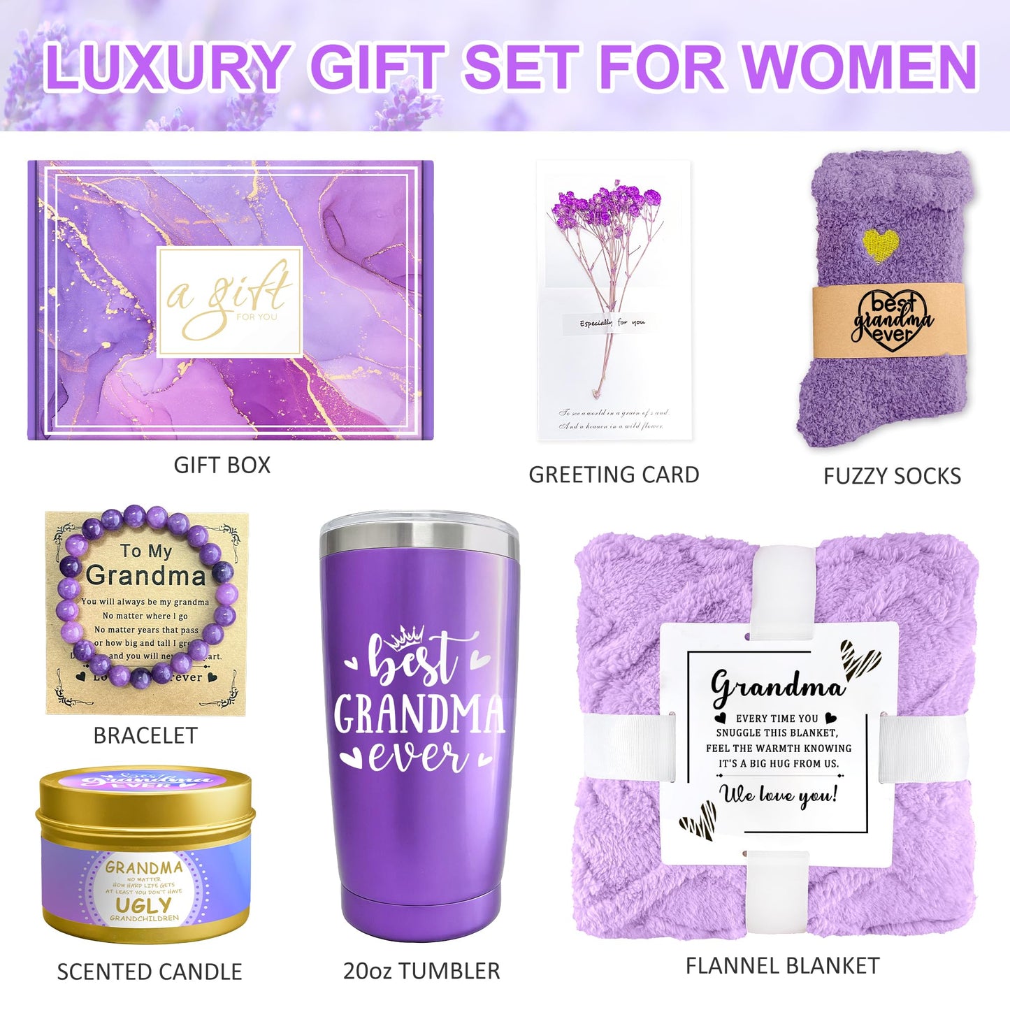 Gifts for Grandma, Grandma Gifts from Grandkids Lavender Relaxing Spa Gift Basket with Luxury Flannel Blanket Care Package, Unique Self Care Get Well Soon Gift on Christmas, Care Package