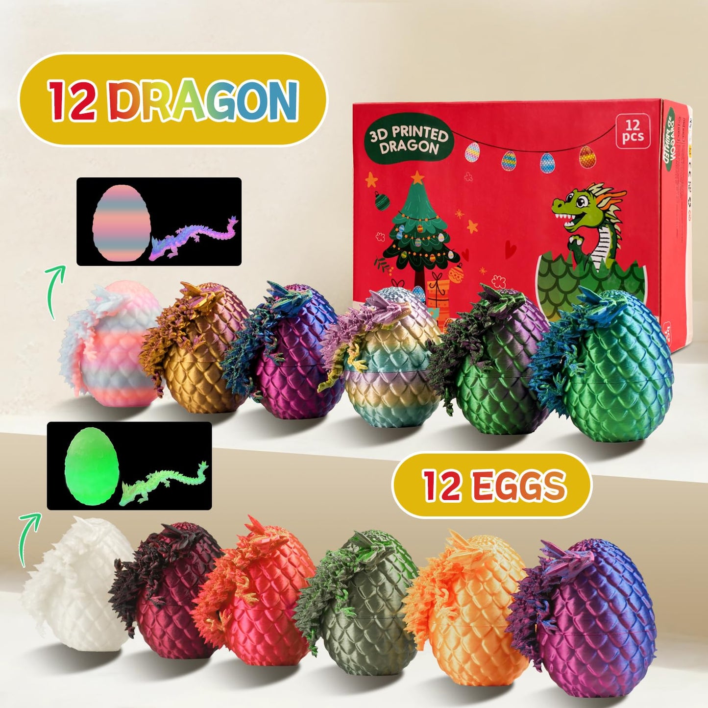 12PCS 3D Printed Dragon Eggs with Dragon Inside, Mini Dragon Egg Set, Articulated Crystal Dragon Fidget Toy for for Kids & Adults Gifts Christmas Ornament & Stocking Stuffers
