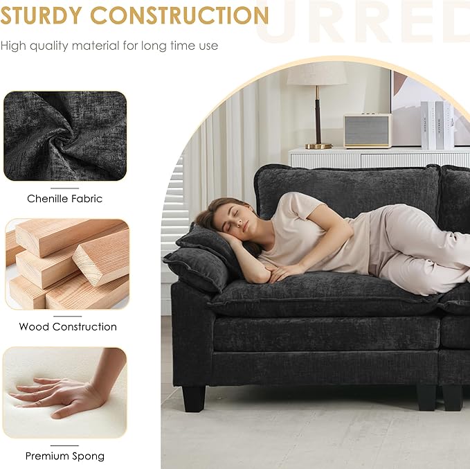 URRED Cloud Couch Modular Sectional Sofa, 122" Modern U Shaped Deep Seat Sofa with 2 Ottomans & Pillows, Ultra Comfy Chenille Couches for Living Room, Bedroom or Apartment, Black