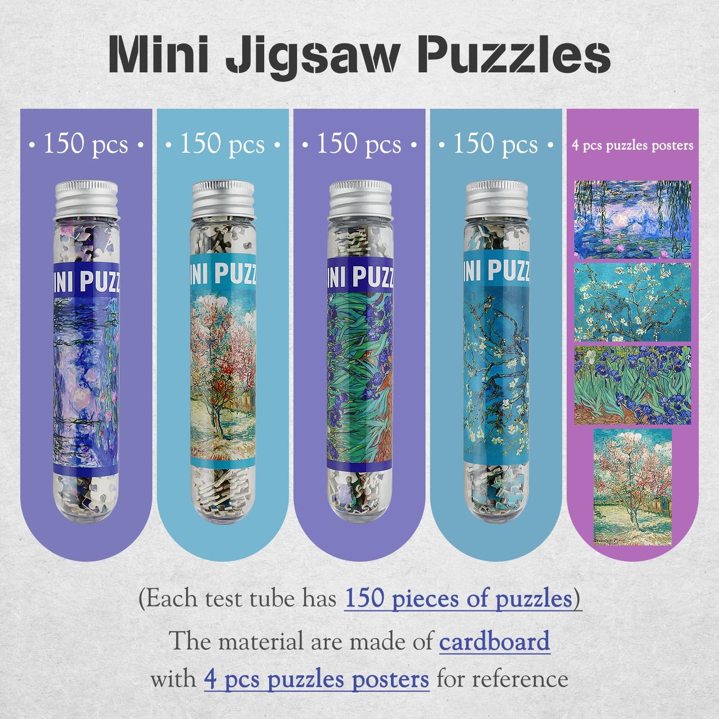 MISITU Small Jigsaw Puzzles for Adults Challenging Puzzle Small Puzzles Mini Jigsaw Puzzles for Adults 150 Pieces Micro Tiny Puzzle Van Gogh Art Puzzles Travel Puzzle 6 x 4 Inch 4 Packs