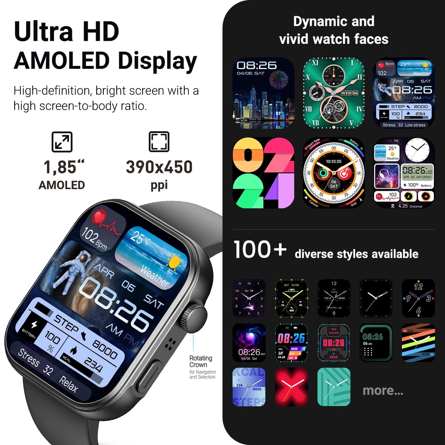 TOZO AMOLED S6 Smart Watch 1.85" Ultra-Clear Screen Dynamic Faces Bluetooth Call,100+ Sports Modes Fitness Activity Tracker with Sleep Monitor IP68 Waterproof Black