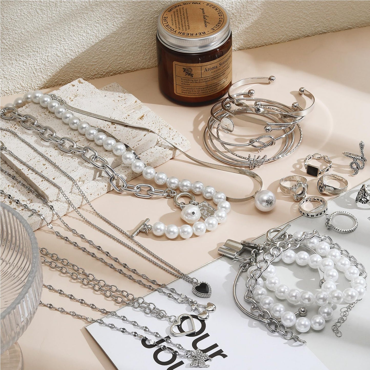17IF 53 PCS(8 PACK) Silver Plated Jewelry Set with 6 Necklace 11 Ankle Bracelet 30 Kunckle Ring 6 Pair Earring hoop Vintage Boho Pearl for Women and Birthday Travel Holiday