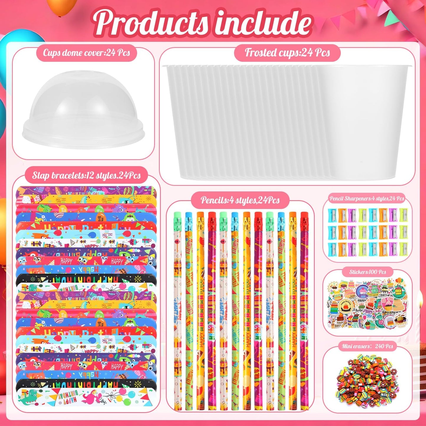 Kolewo4ever 460 Pieces Happy Birthday Party Favors Return Gifts for Birthday Party with Pencil Sharpener Eraser Sticker Slap Bracelet Cup with Lid