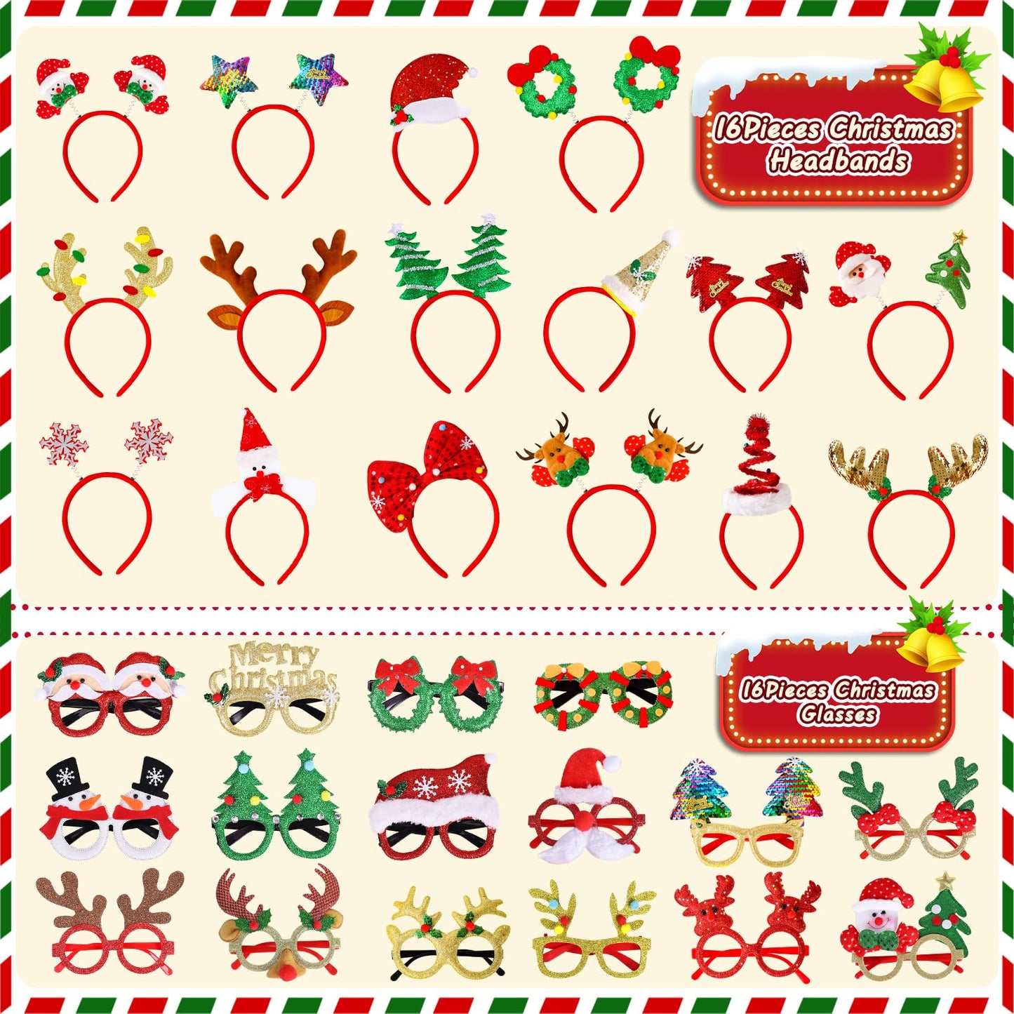 MGparty 32 Pack Christmas Glasses Frame and Headbands Set with Different Cute Designs Exquisite Decoration Accessories for Christmas Parties Holiday Favors and Photo Booth